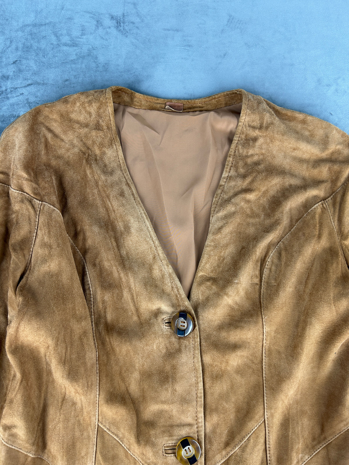 Giacca lunga in pelle scamosciata cammello vintage – Donna Taglia L