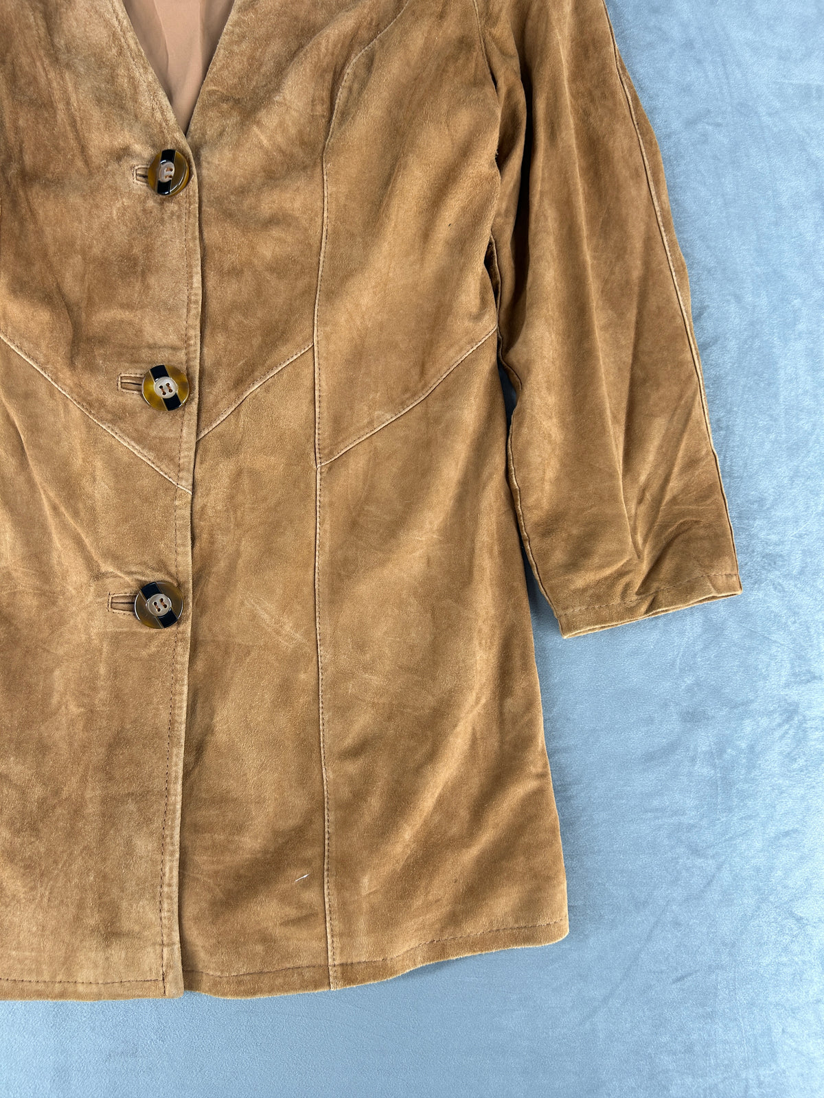 Giacca lunga in pelle scamosciata cammello vintage – Donna Taglia L