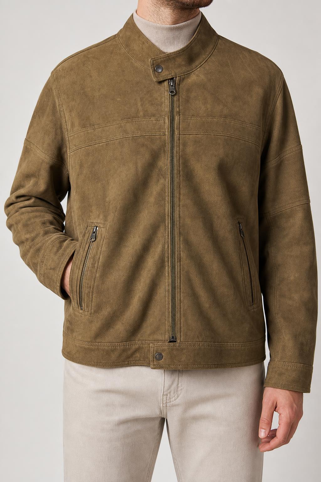 Giacca in pelle scamosciata cammello con zip vintage – Uomo Taglia L