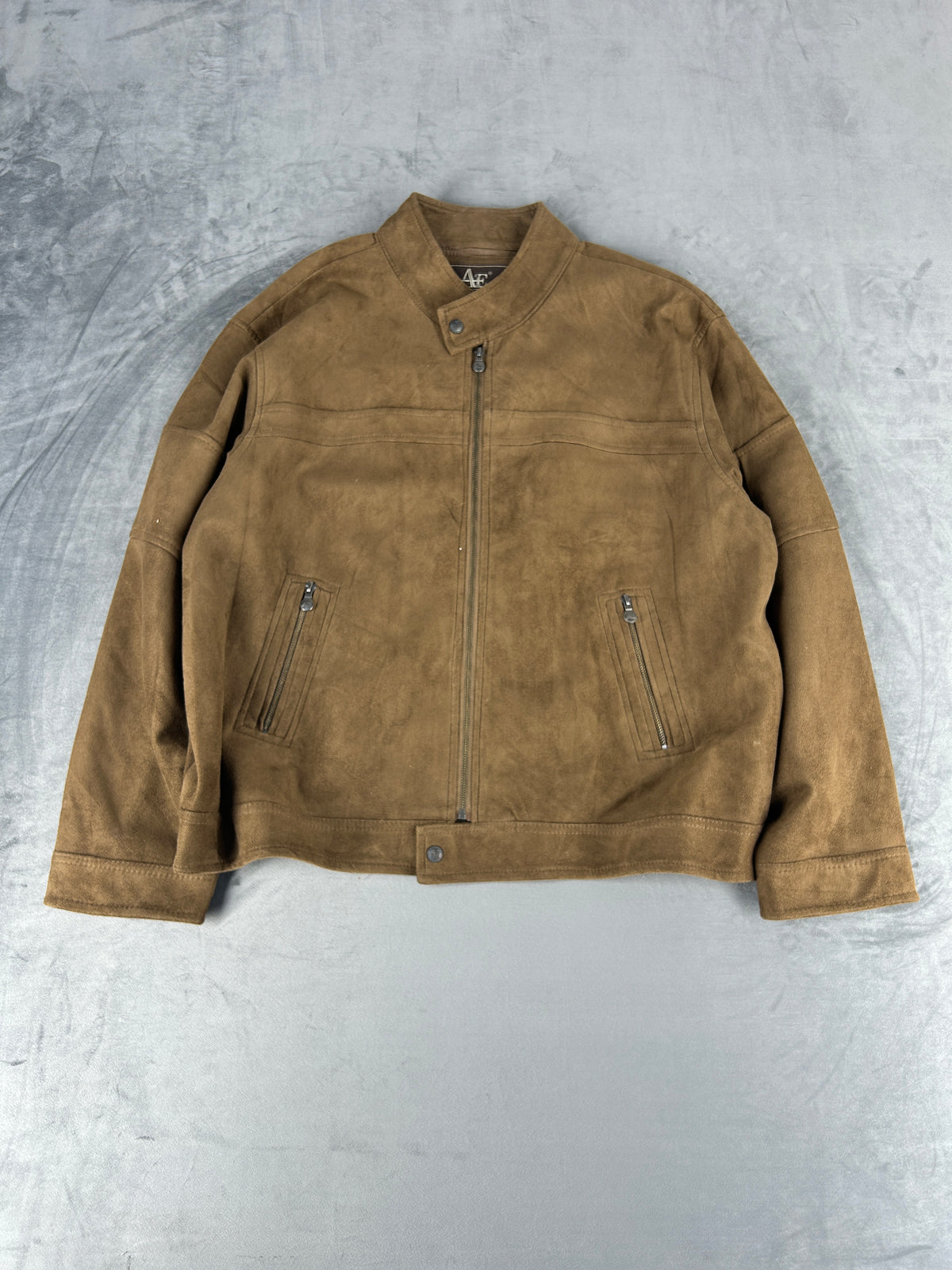 Giacca in pelle scamosciata cammello con zip vintage – Uomo Taglia L