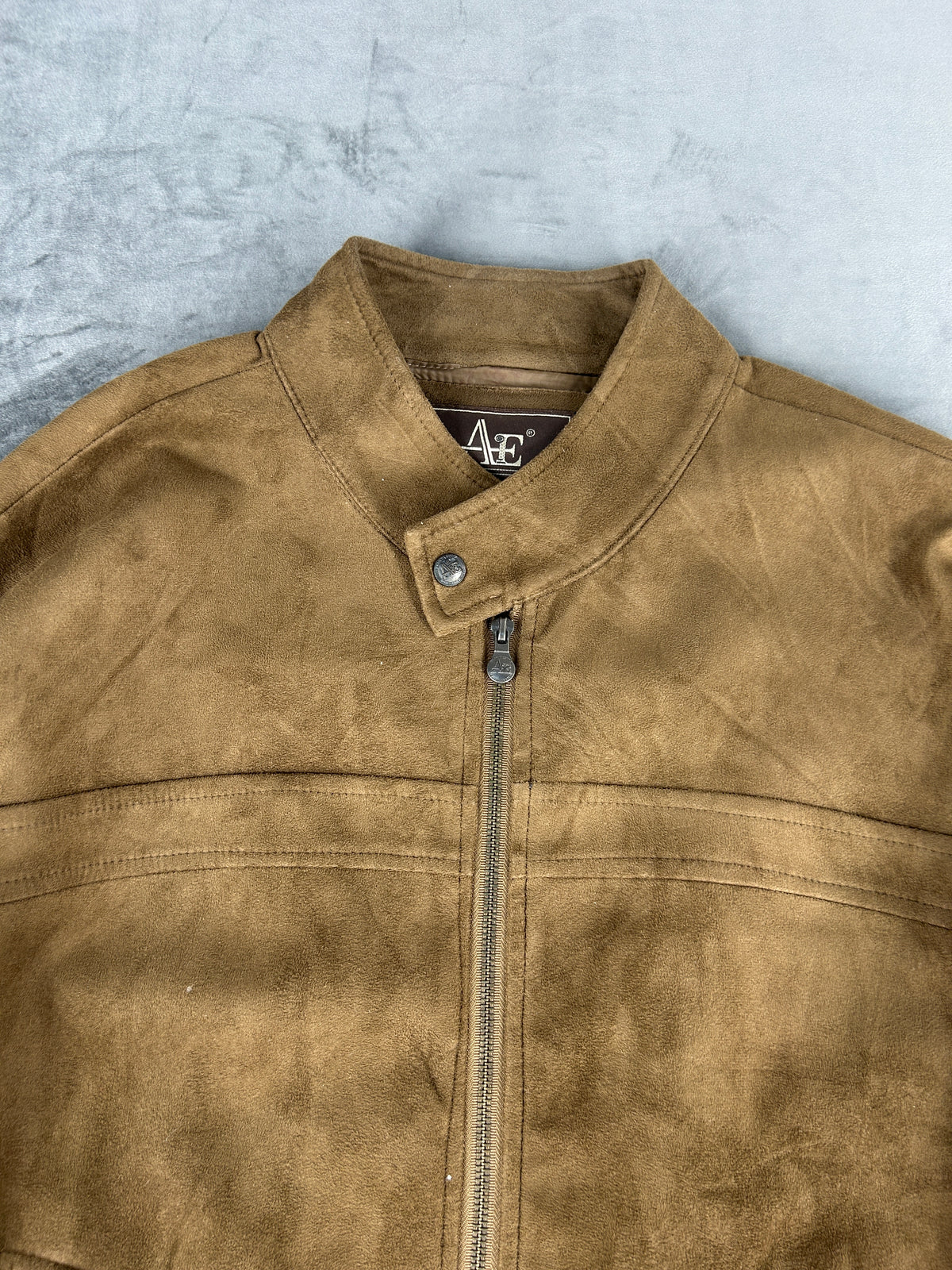 Giacca in pelle scamosciata cammello con zip vintage – Uomo Taglia L
