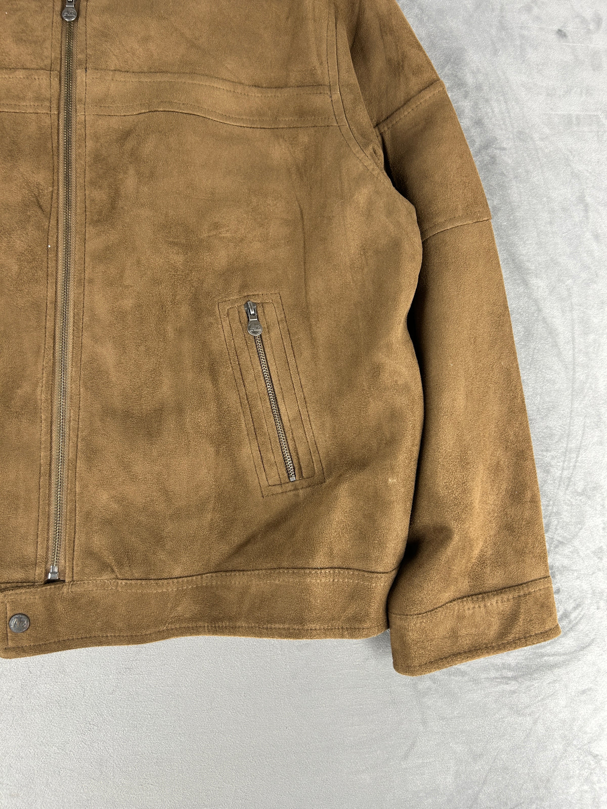Giacca in pelle scamosciata cammello con zip vintage – Uomo Taglia L