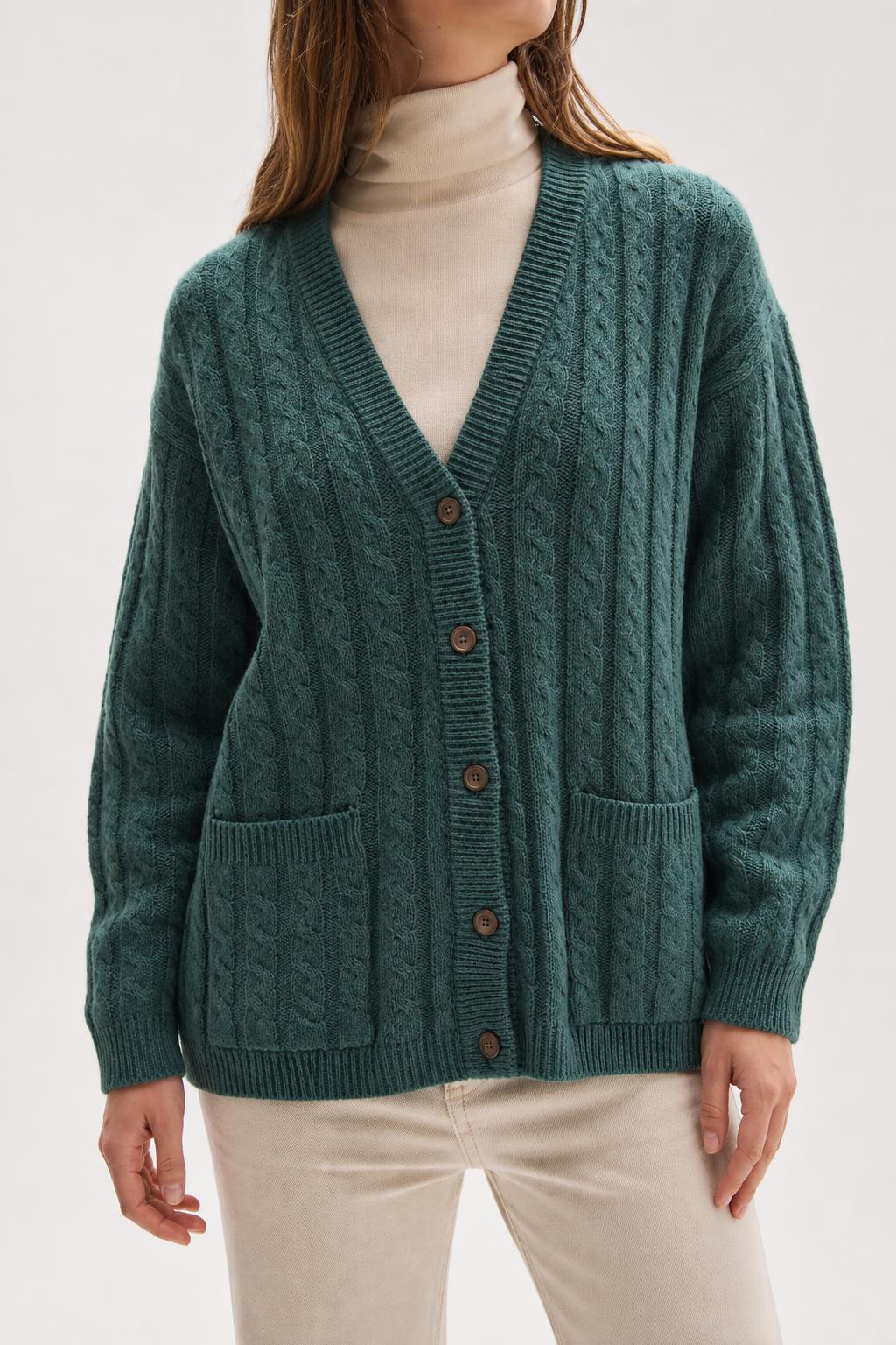 Cardigan in maglia a trecce verde vintage – Donna Taglia M