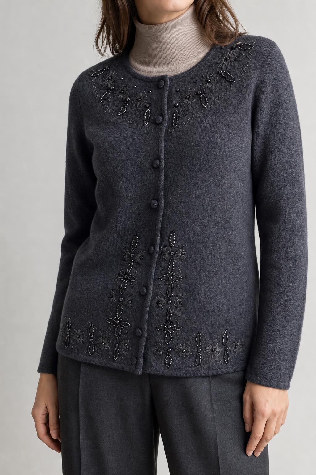 Cardigan in maglia grigio con ricami vintage – Donna Taglia M