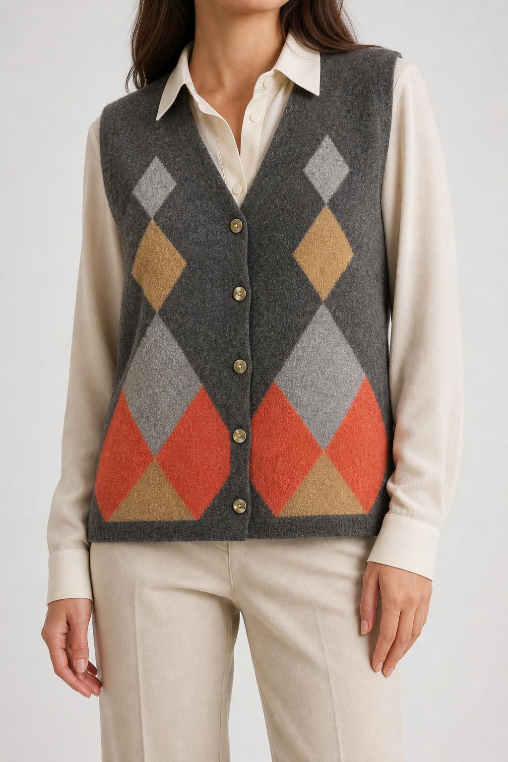 Gilet in maglia grigio motivo rombi vintage – Donna Taglia L