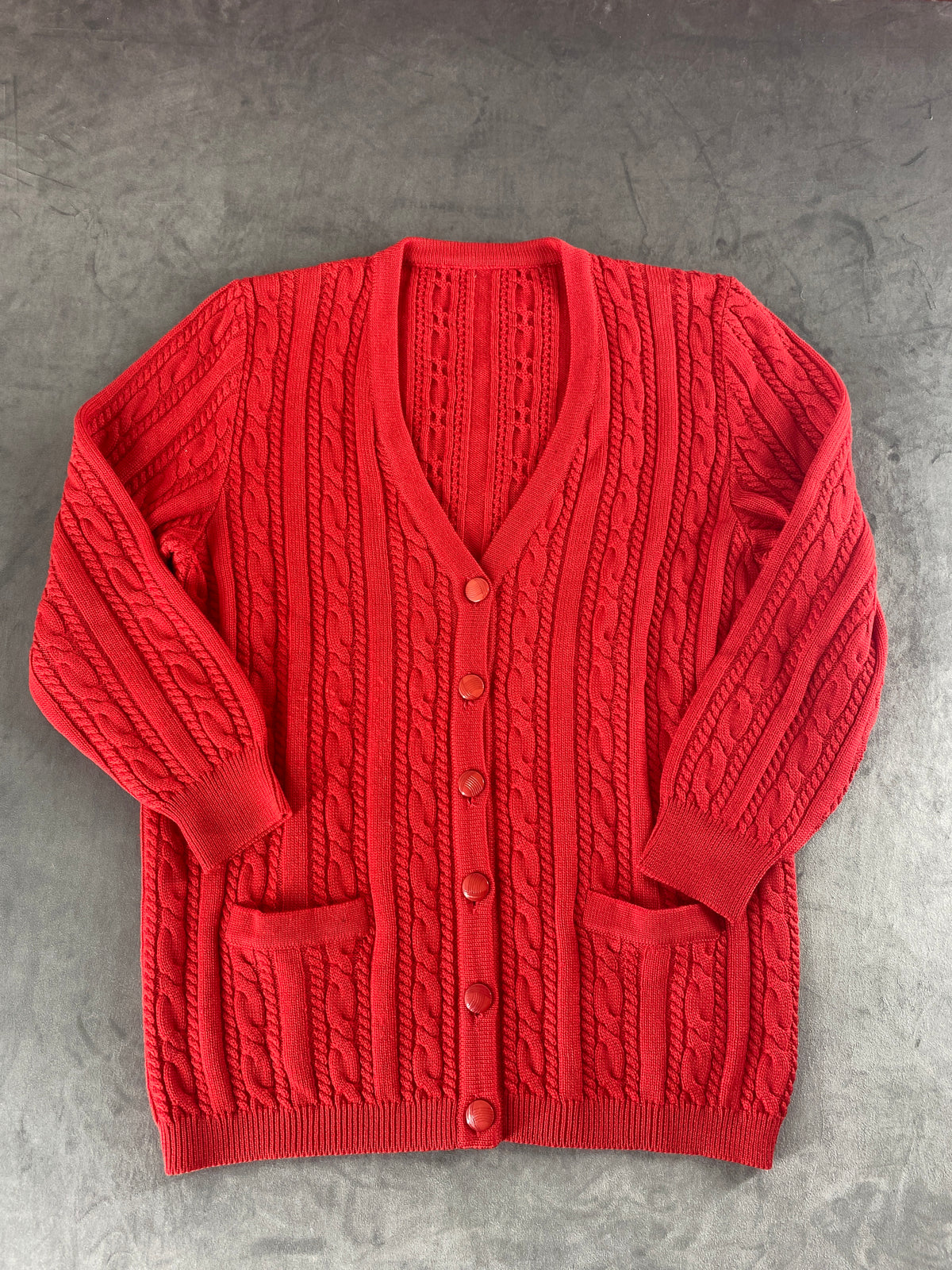 Cardigan in maglia rosso a trecce vintage – Donna Taglia L