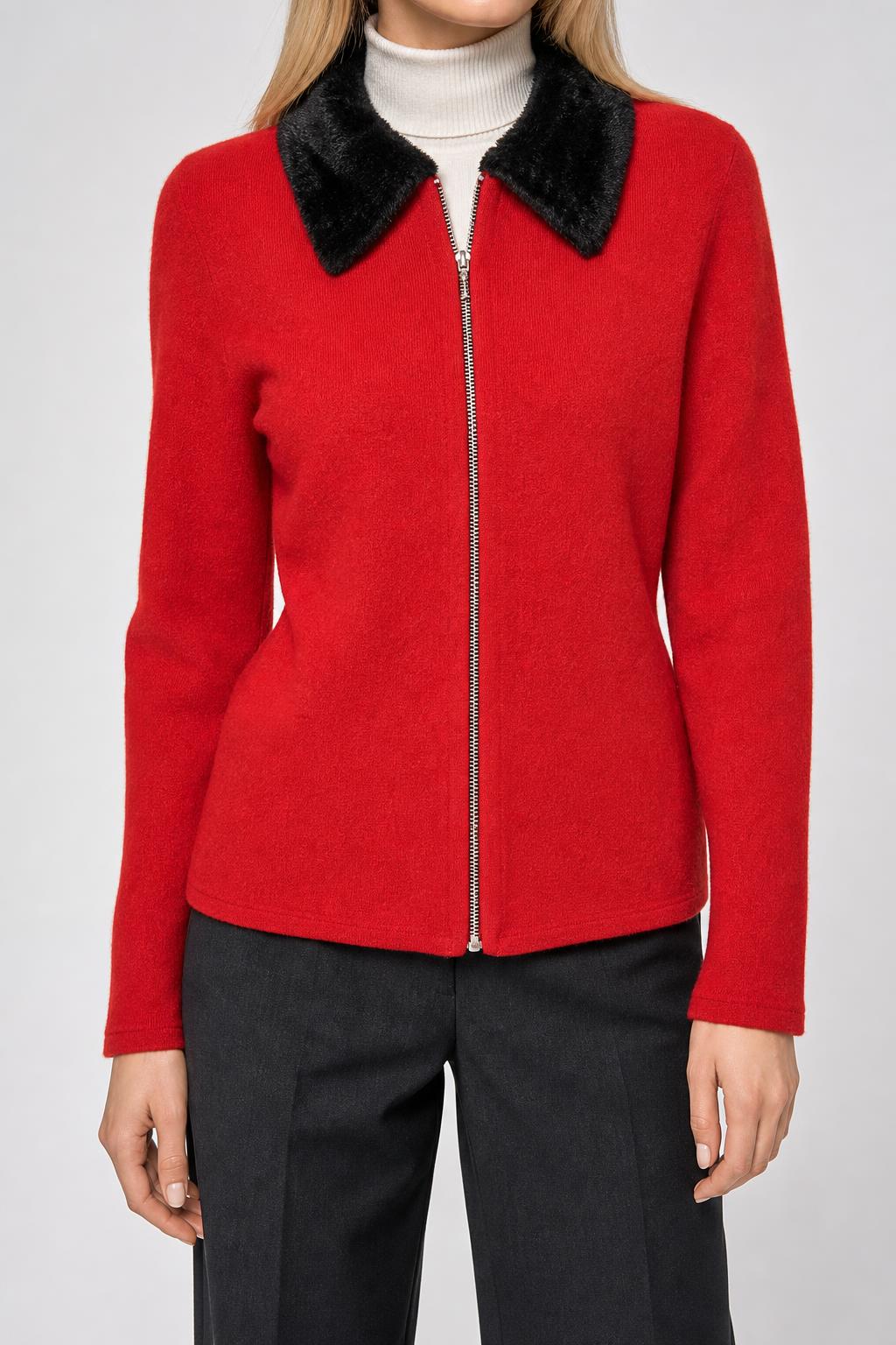 Giacca in maglia rossa con collo in eco-pelliccia vintage – Donna Taglia S (IT 40)