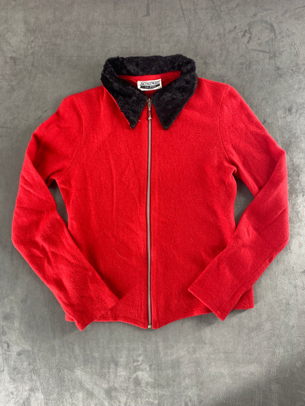 Giacca in maglia rossa con collo in eco-pelliccia vintage – Donna Taglia S (IT 40)