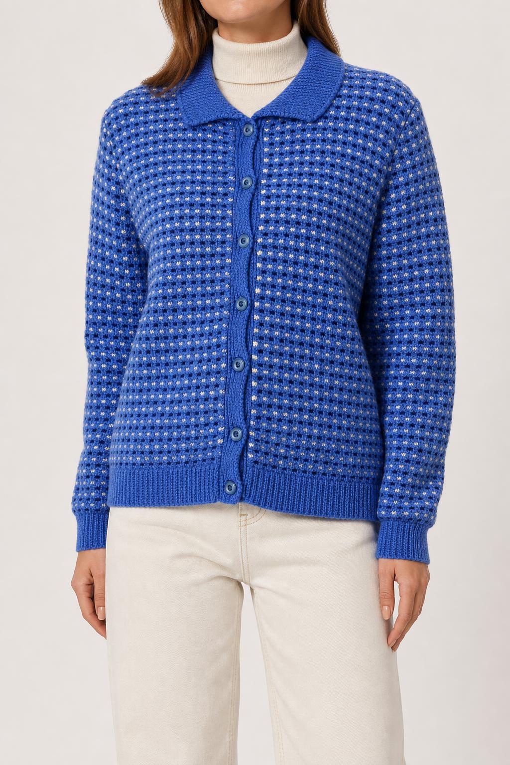 Cardigan blu jacquard a puntini con colletto vintage – Donna Taglia L (IT 44)
