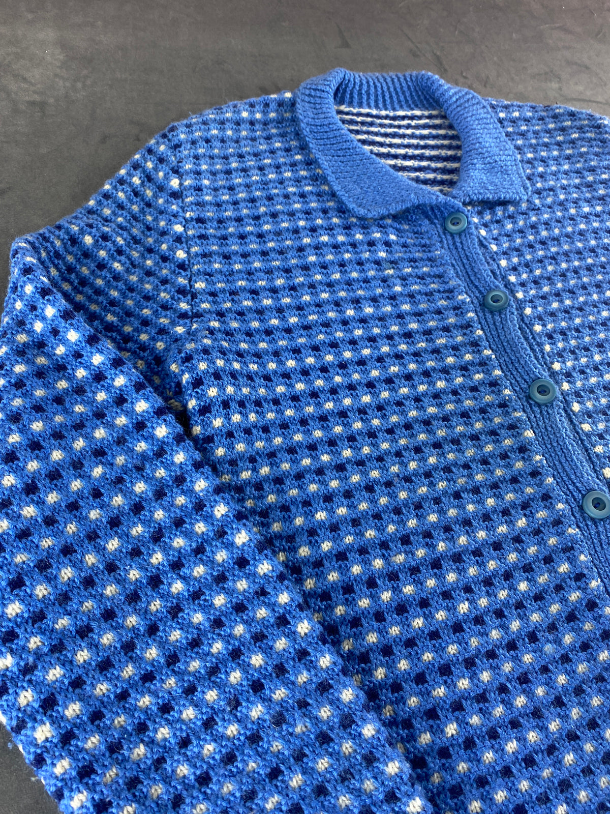 Cardigan blu jacquard a puntini con colletto vintage – Donna Taglia L (IT 44)