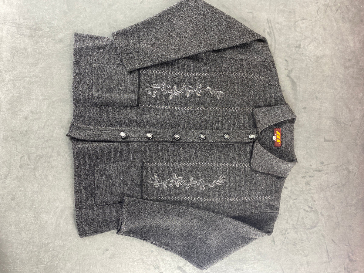 Cardigan grigio con colletto e ricami floreali vintage – Donna Taglia XL (IT 46)