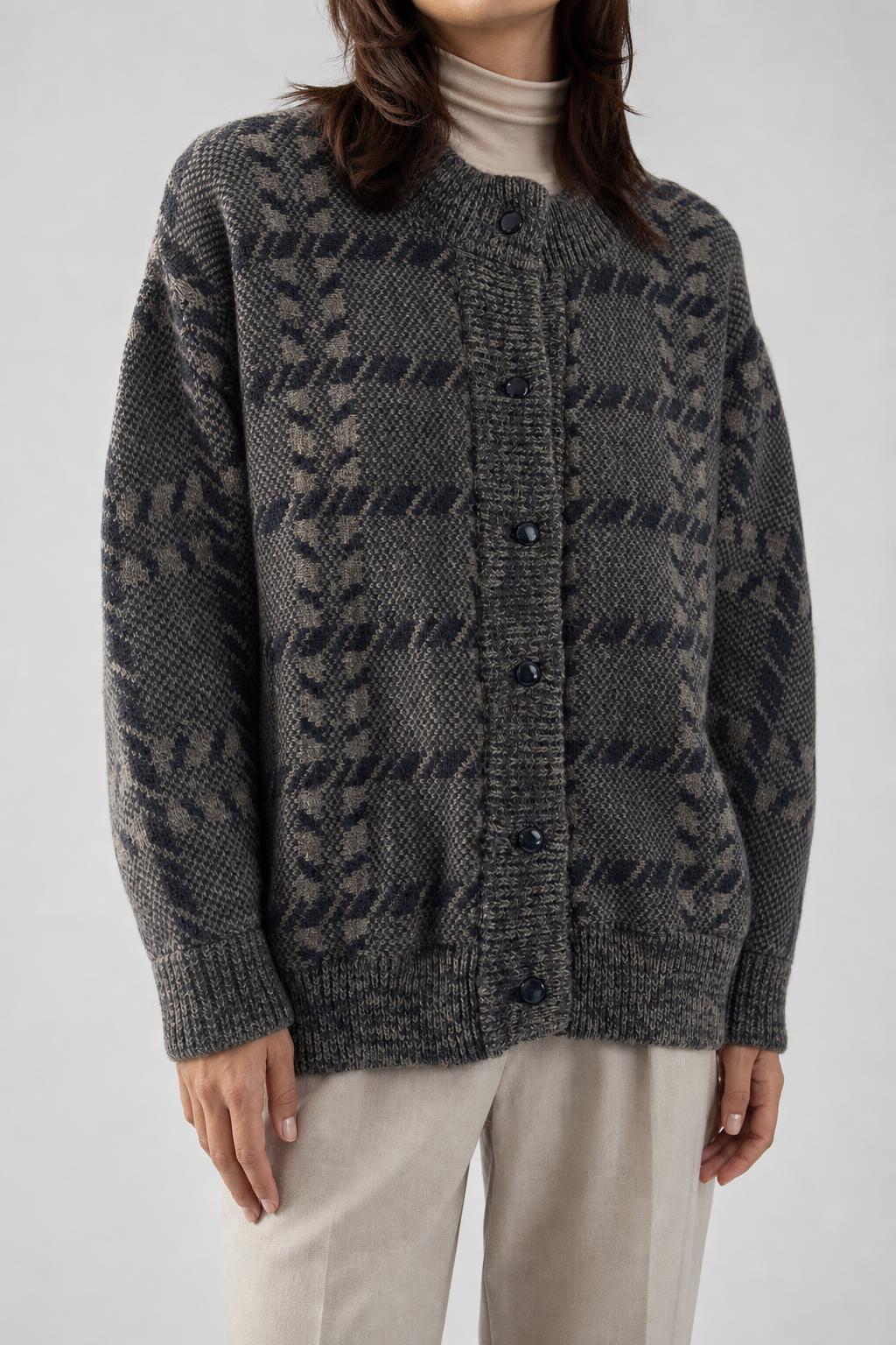 Cardigan in lana grigio fantasia geometrica Mona vintage – Donna Taglia XL (IT 48)