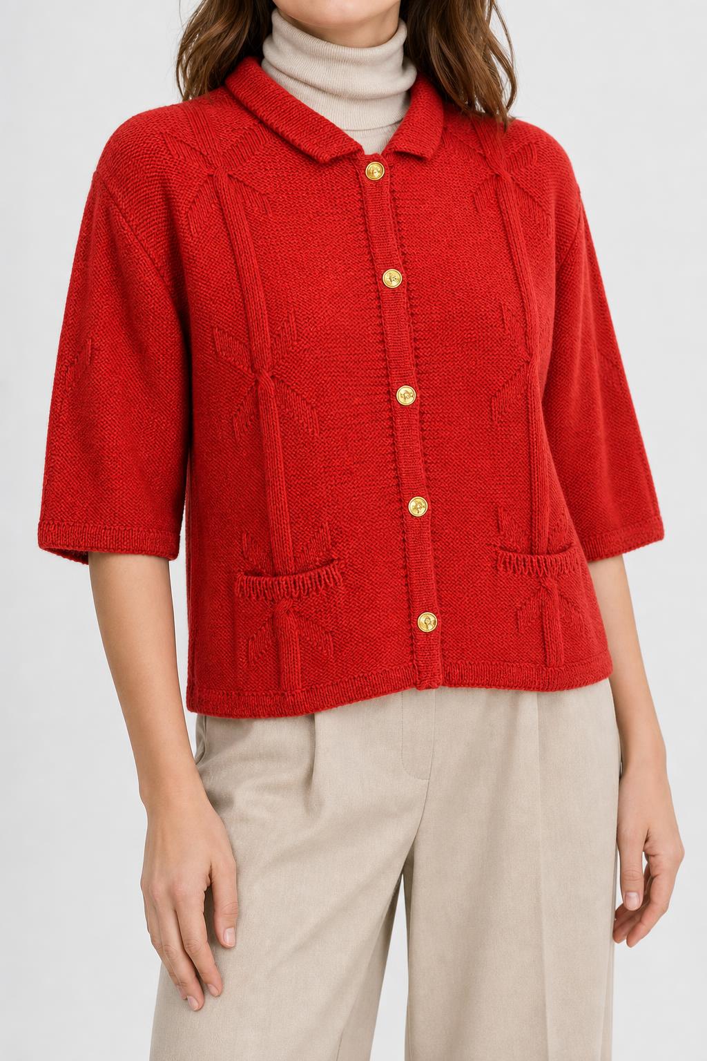 Cardigan rosso a maniche corte con colletto vintage – Donna Taglia L (IT 44)