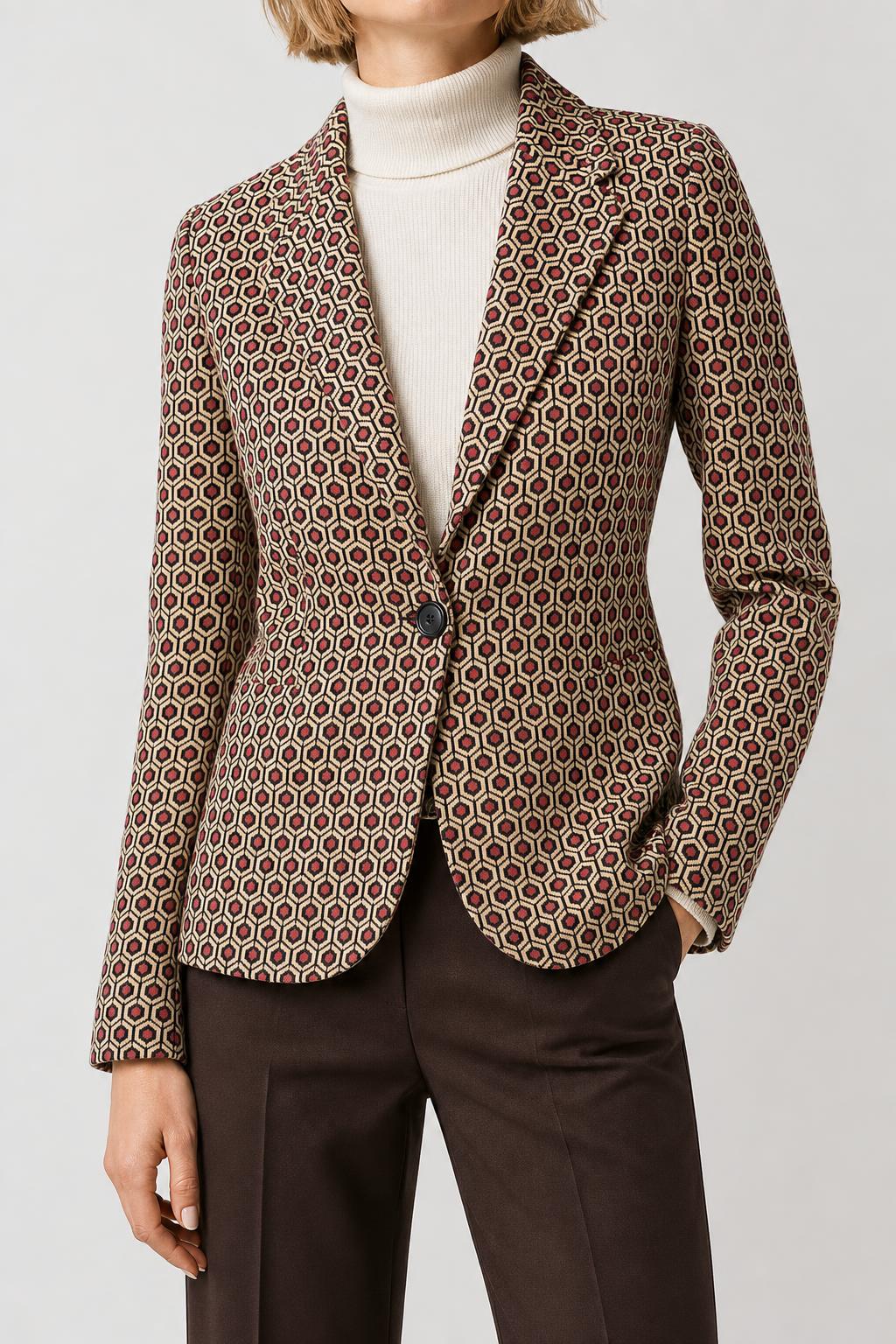 Blazer fantasia geometrica bordeaux e panna vintage – Donna Taglia M (IT 42)