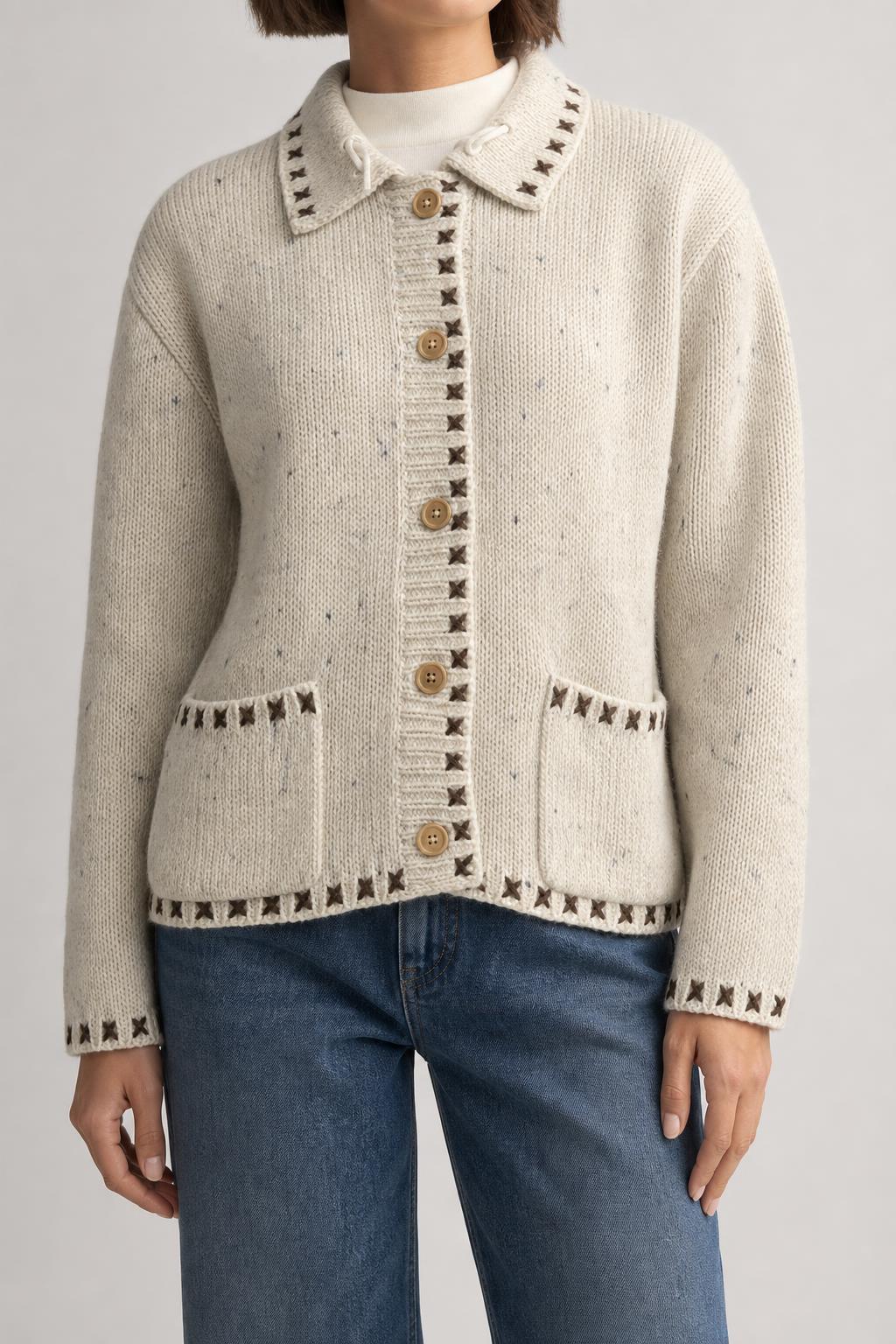 Cardigan in lana panna con ricami Ecco vintage – Donna Taglia M (IT 42)