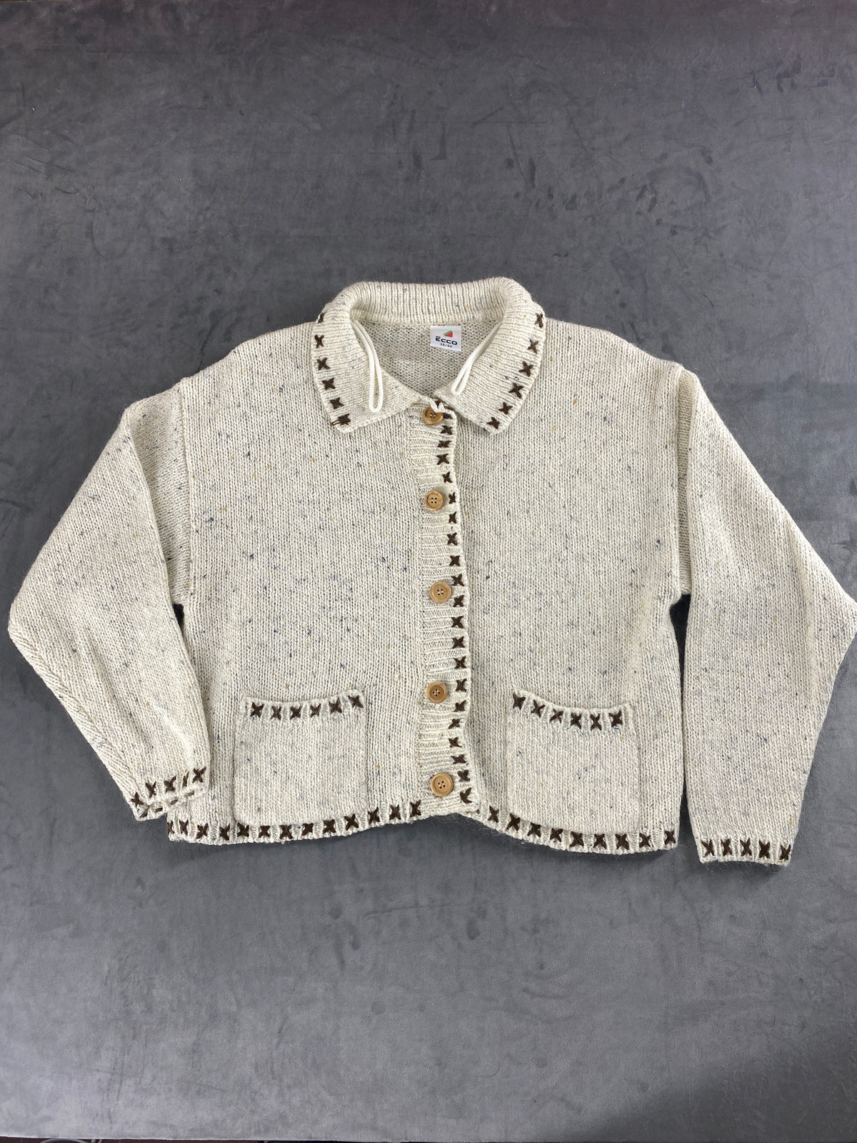 Cardigan in lana panna con ricami Ecco vintage – Donna Taglia M (IT 42)