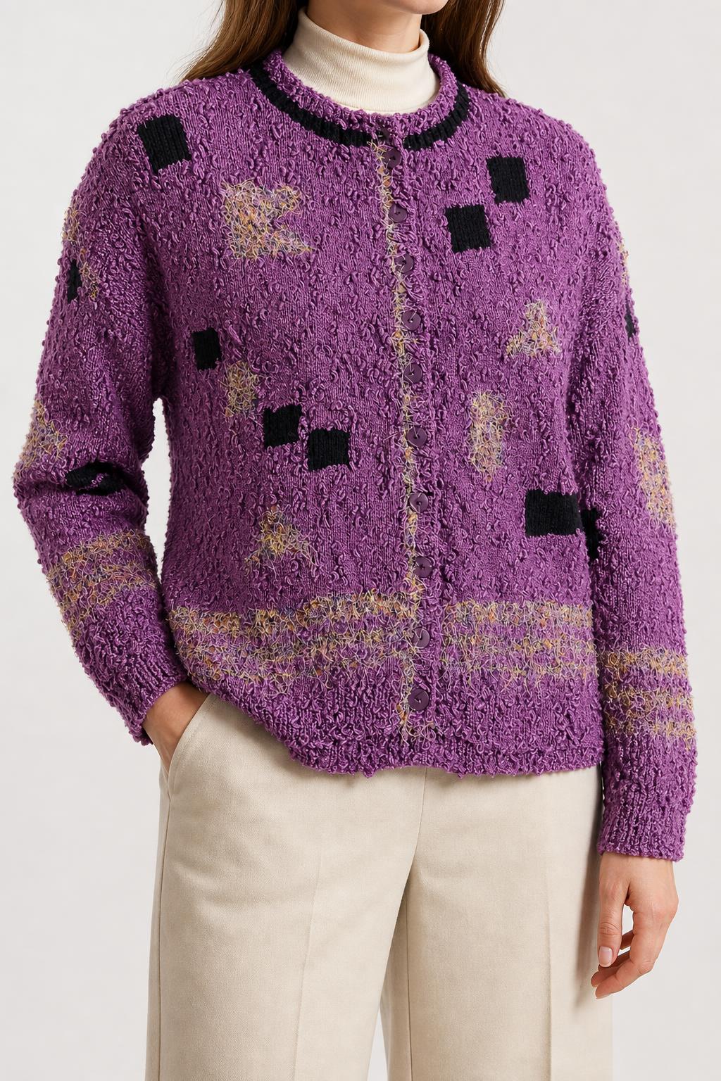 Cardigan lilla bouclé con quadri neri vintage – Donna Taglia L (IT 44)