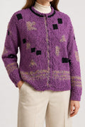 Cardigan lilla bouclé con quadri neri vintage – Donna Taglia L (IT 44)
