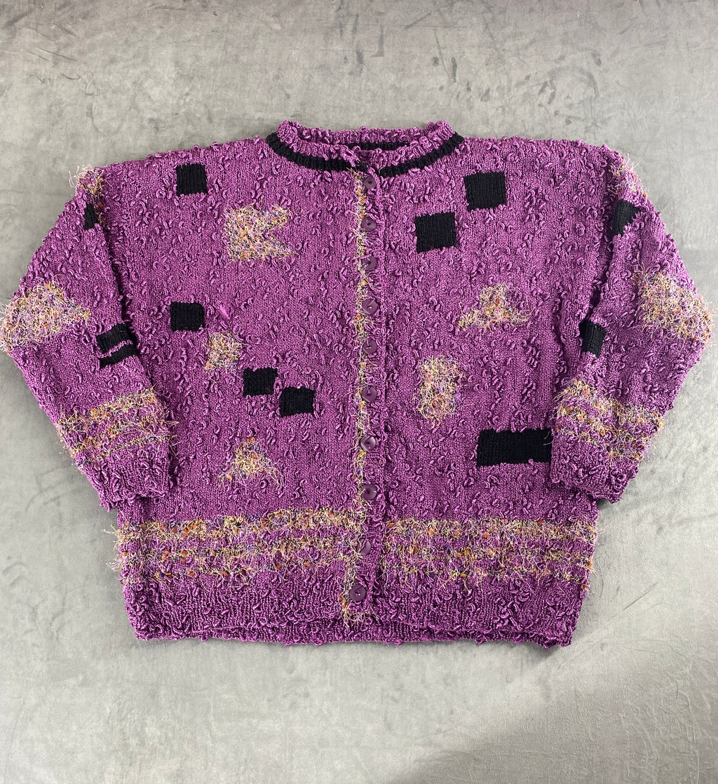 Cardigan lilla bouclé con quadri neri vintage – Donna Taglia L (IT 44)