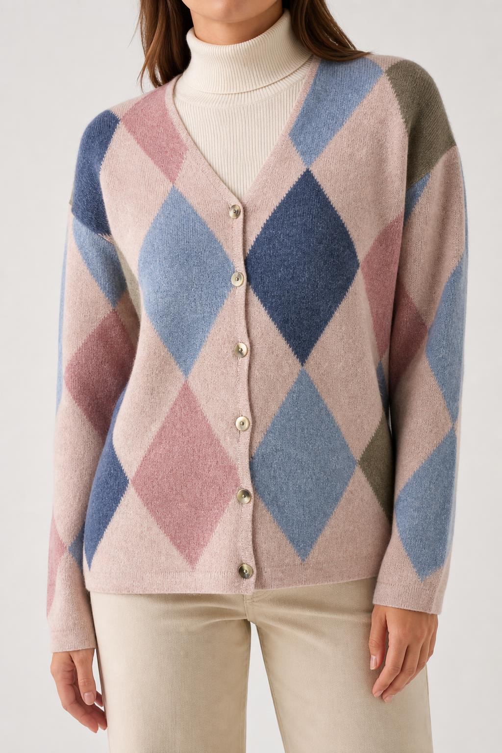 Cardigan argyle a rombi pastello Balajò vintage – Donna Taglia L (IT 44)