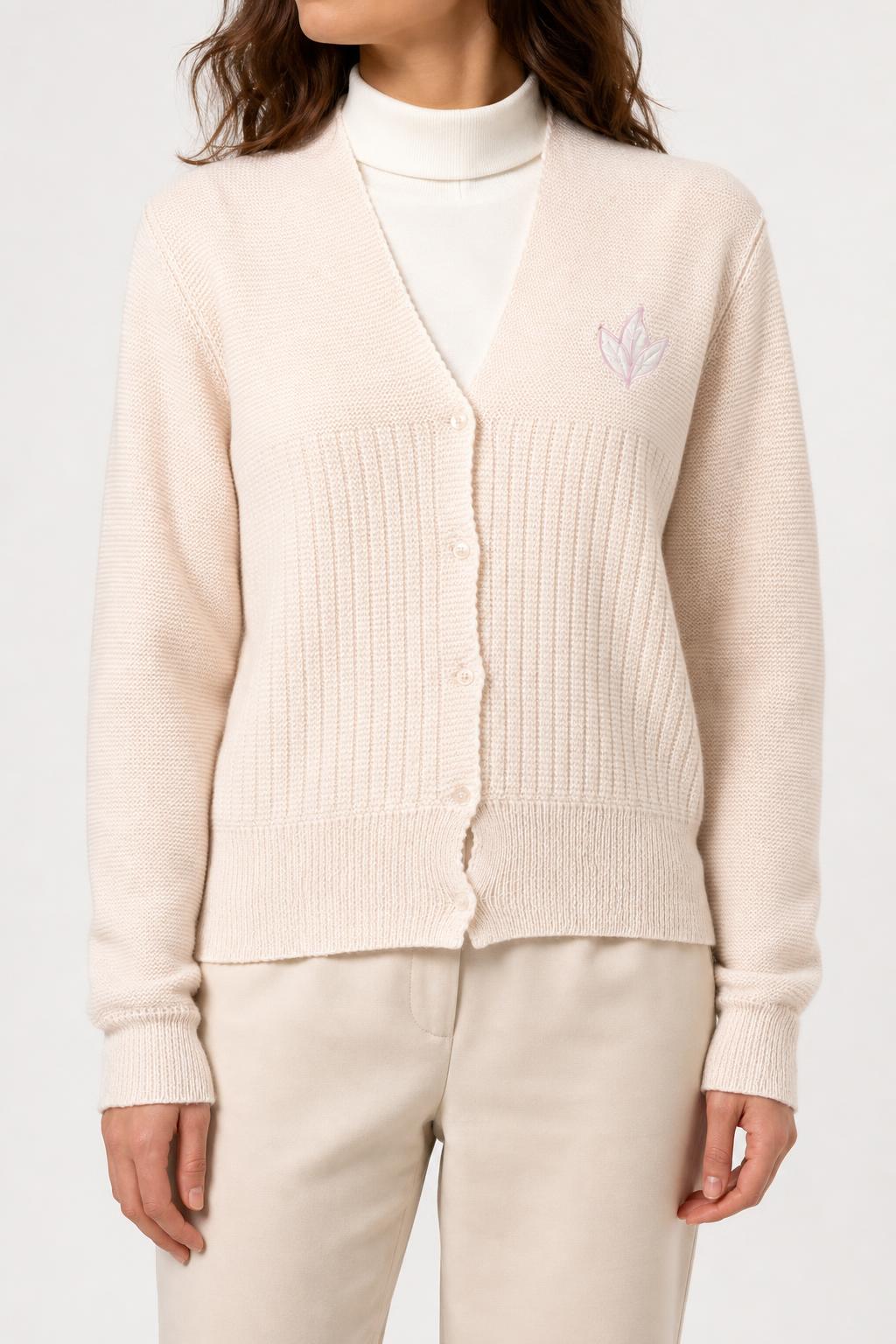 Cardigan rosa cipria con ricamo floreale vintage – Donna Taglia M (IT 42)