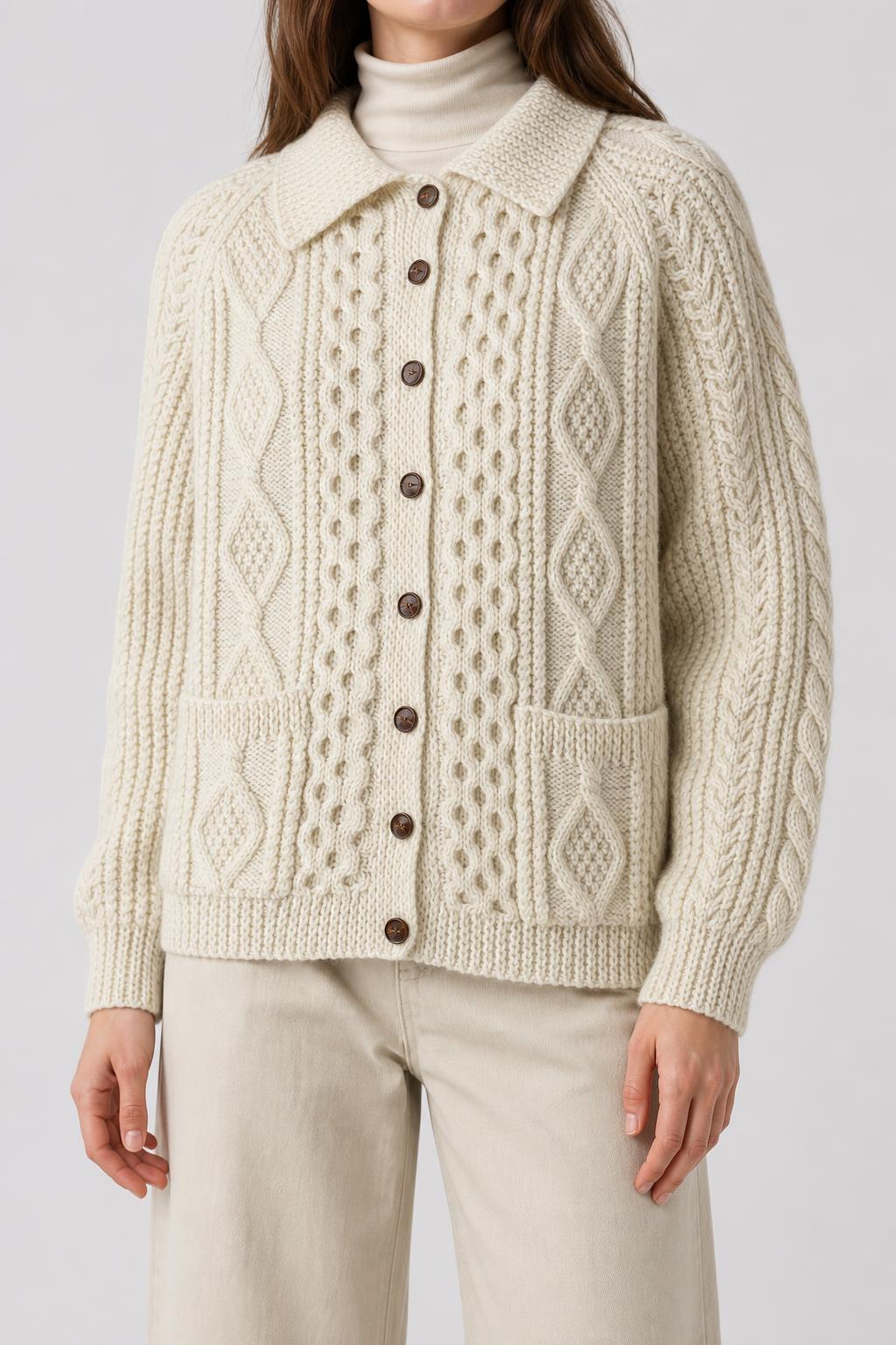 Cardigan aran panna a trecce con colletto vintage – Donna Taglia L (IT 44)