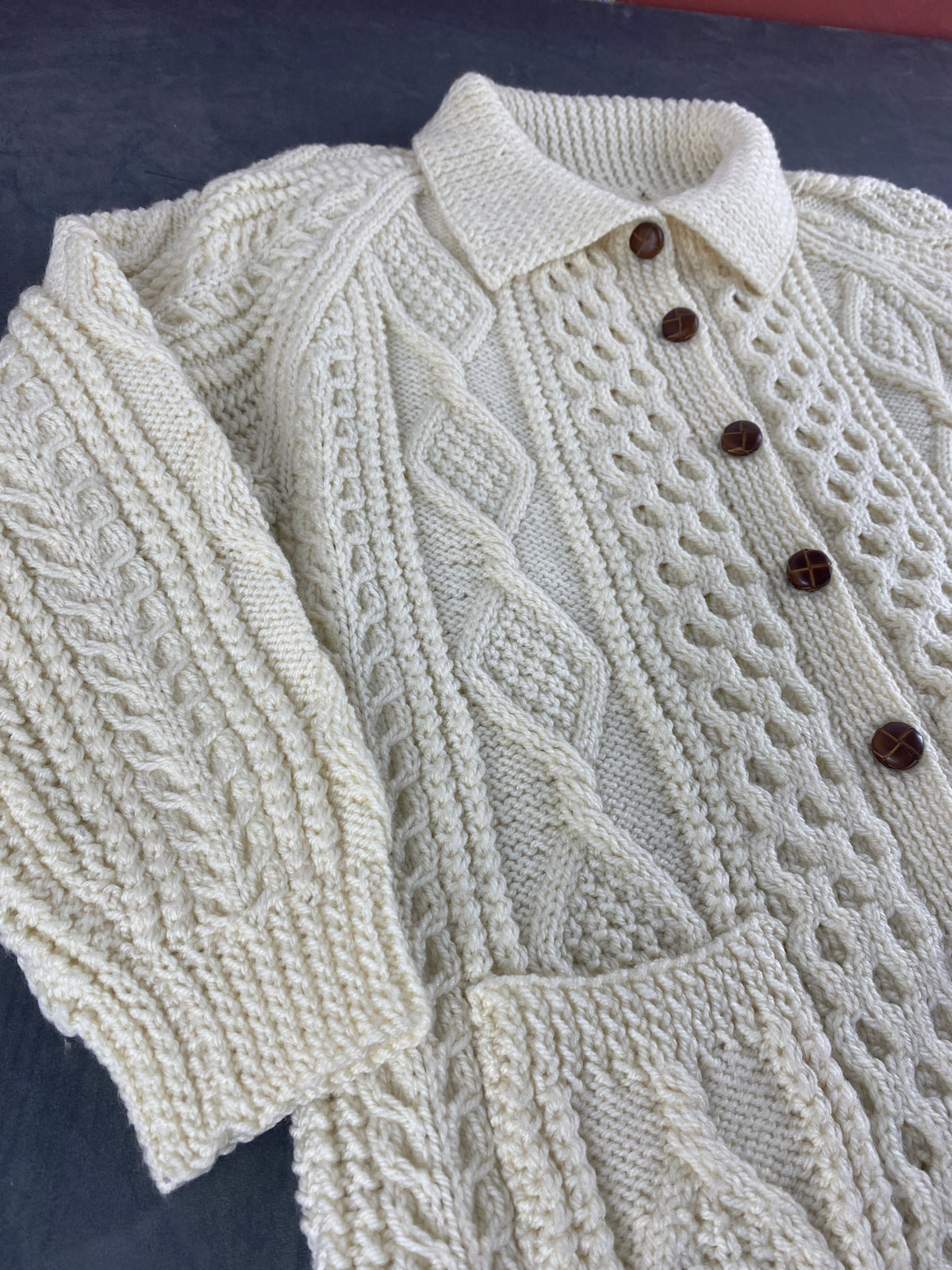 Cardigan aran panna a trecce con colletto vintage – Donna Taglia L (IT 44)