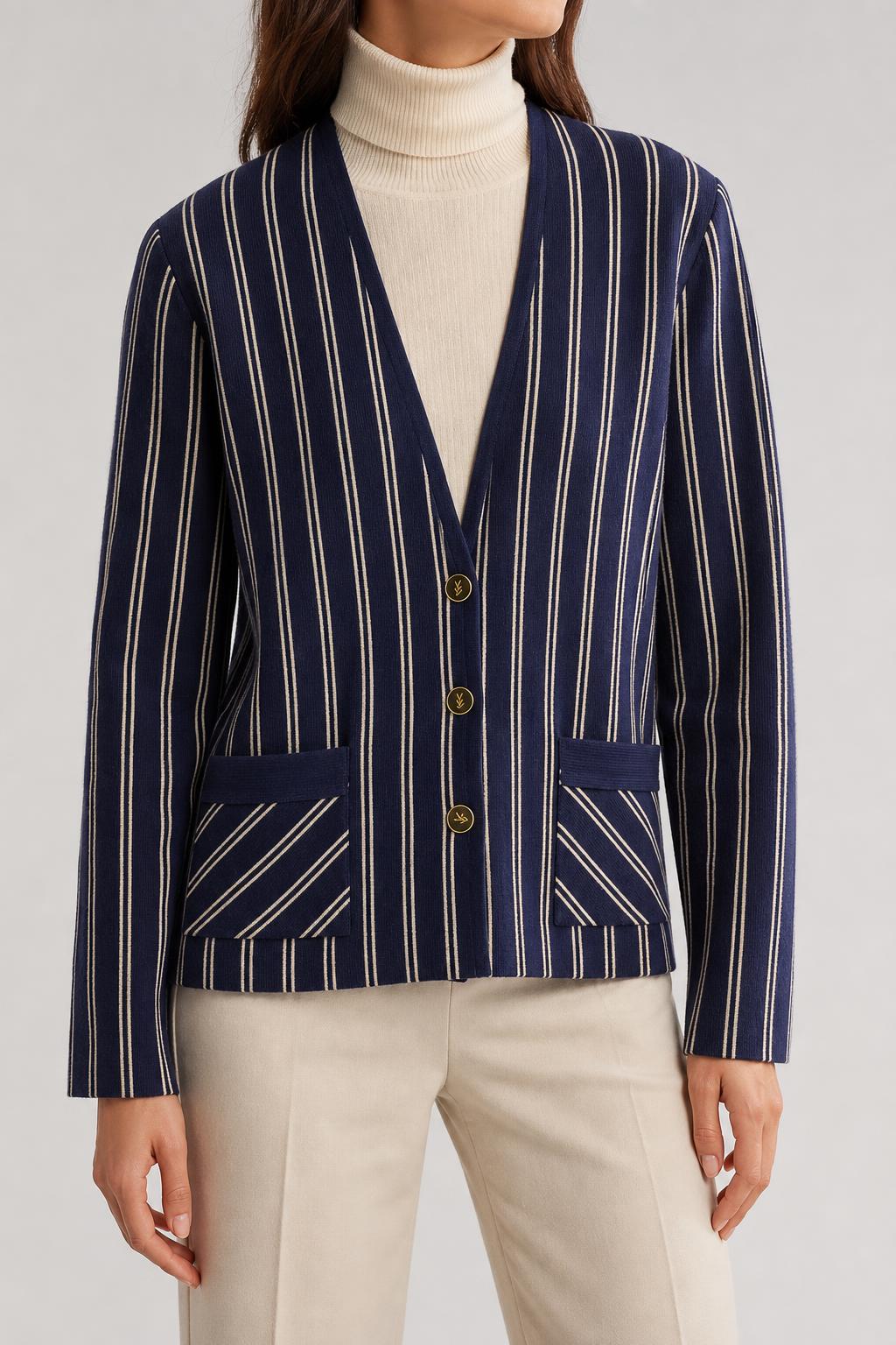 Cardigan in pura lana blu a righe bianche vintage – Donna Taglia M (IT 42)