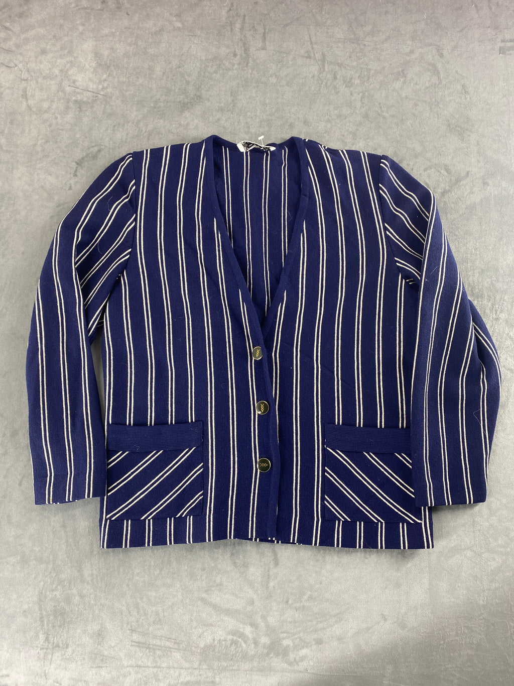 Cardigan in pura lana blu a righe bianche vintage – Donna Taglia M (IT 42)