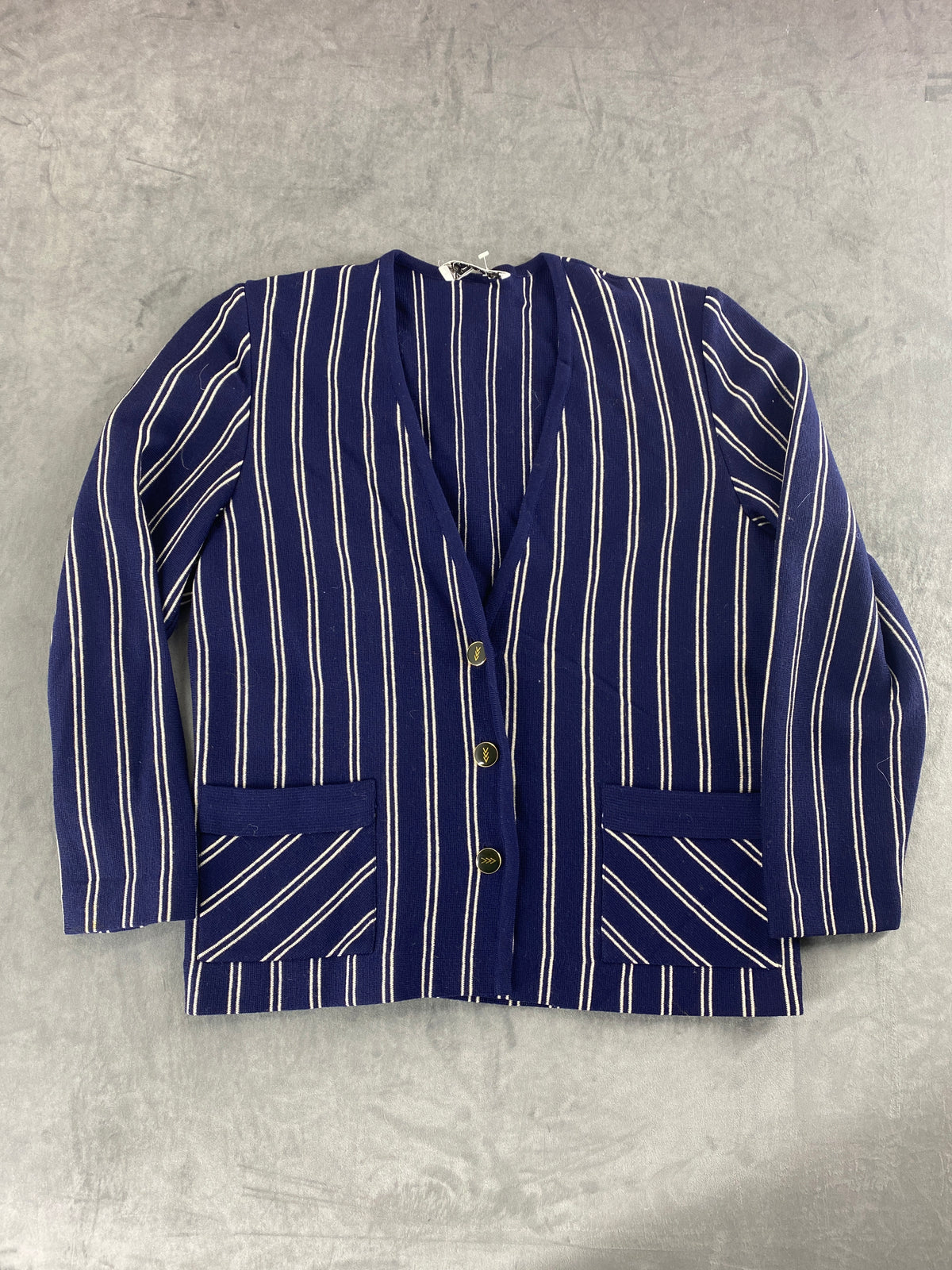 Cardigan in pura lana blu a righe bianche vintage – Donna Taglia M (IT 42)