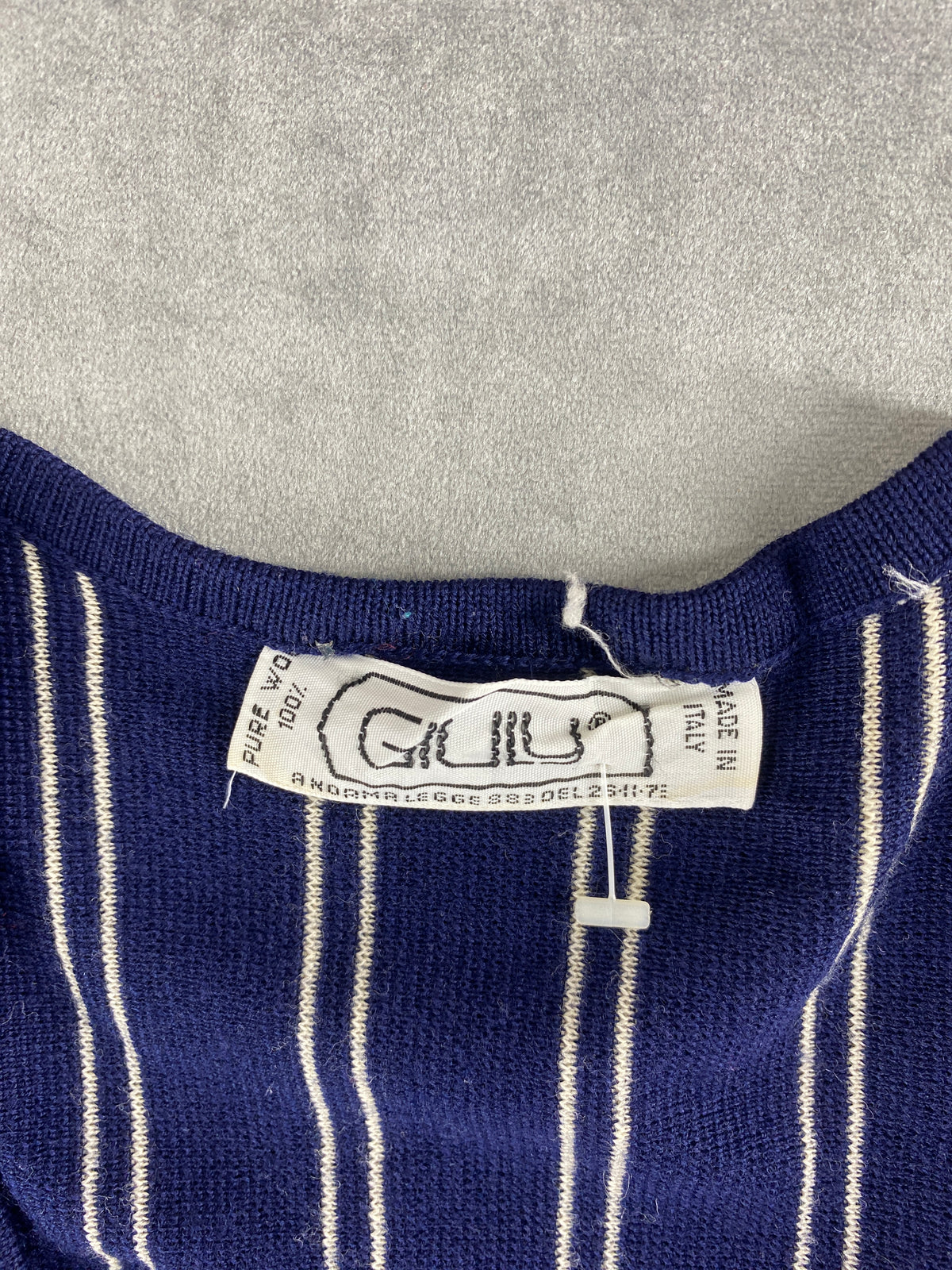 Cardigan in pura lana blu a righe bianche vintage – Donna Taglia M (IT 42)