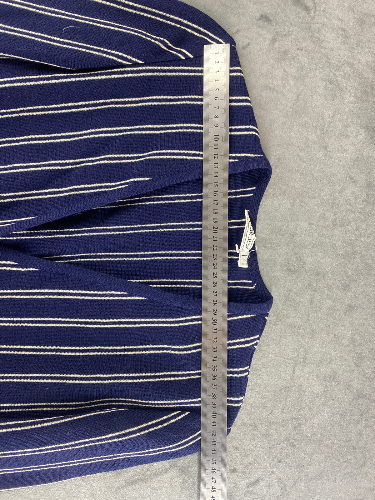 Cardigan in pura lana blu a righe bianche vintage – Donna Taglia M (IT 42)