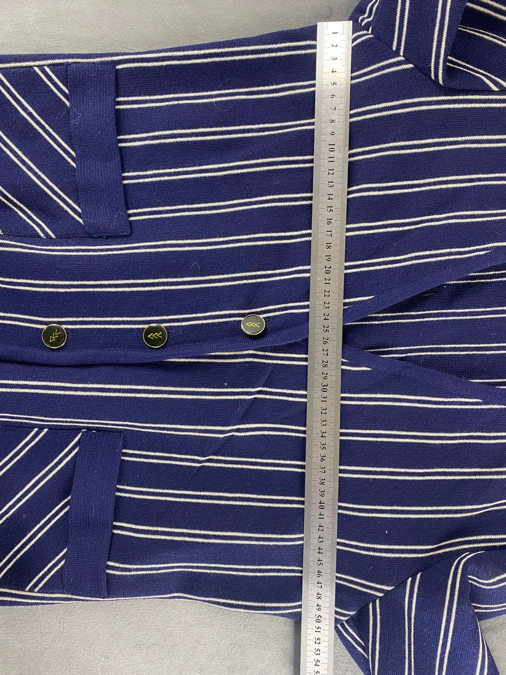 Cardigan in pura lana blu a righe bianche vintage – Donna Taglia M (IT 42)