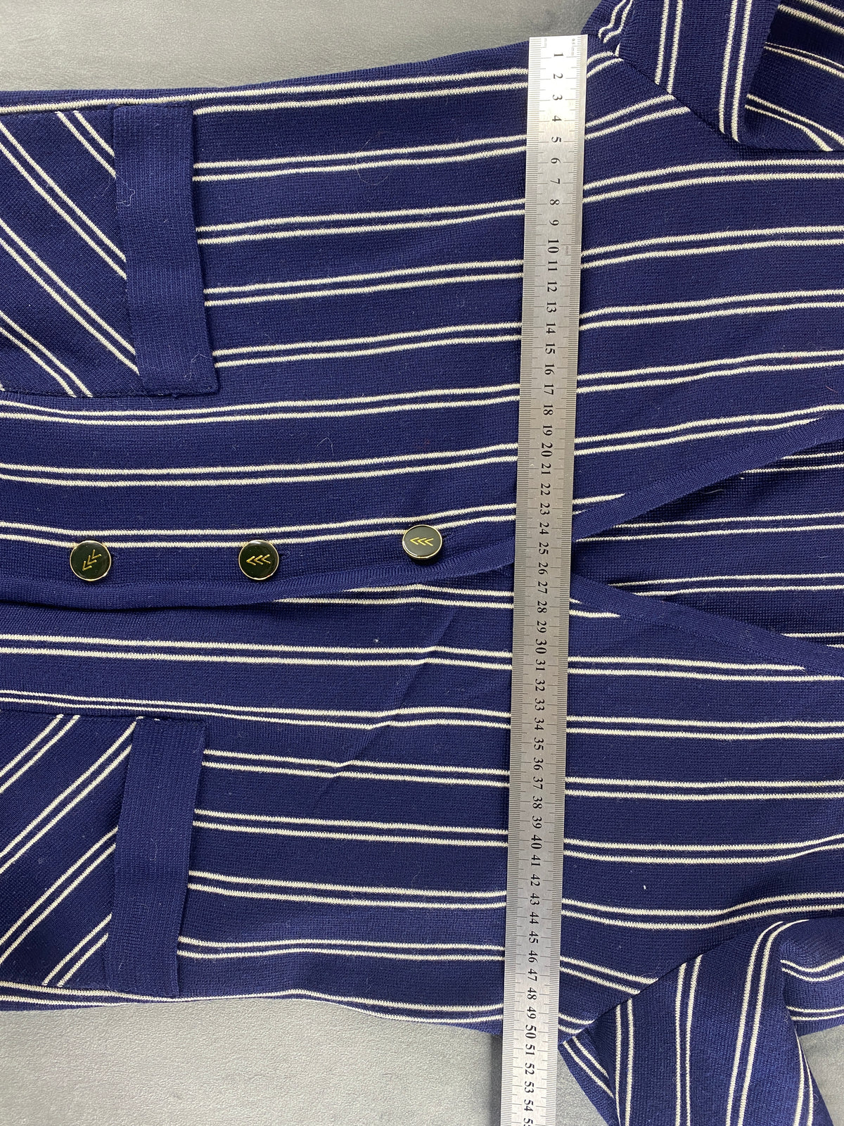 Cardigan in pura lana blu a righe bianche vintage – Donna Taglia M (IT 42)