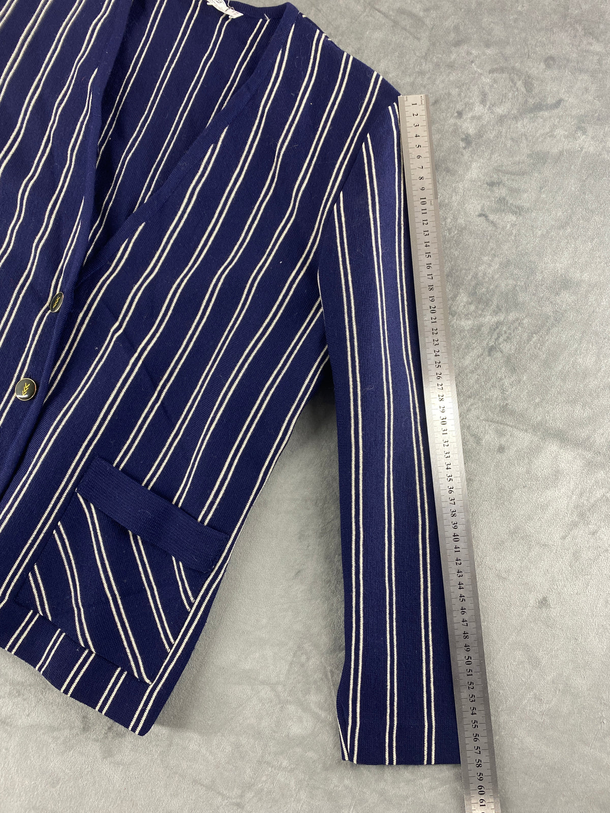 Cardigan in pura lana blu a righe bianche vintage – Donna Taglia M (IT 42)