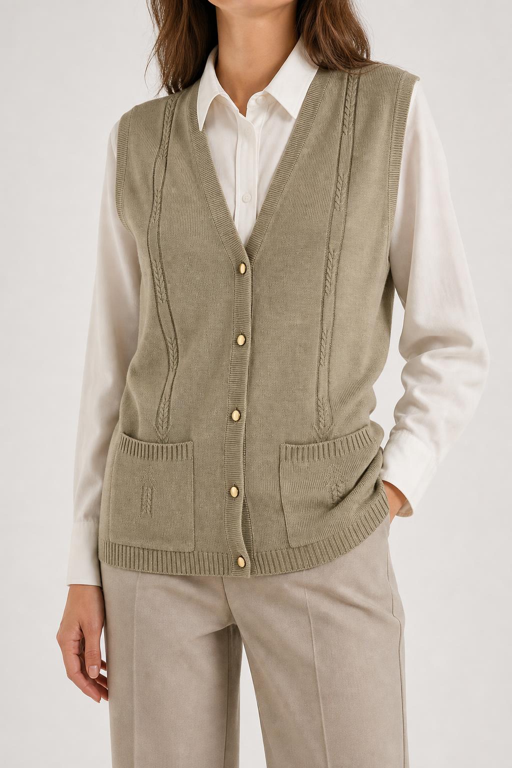 Gilet in maglia beige con tasche vintage – Donna Taglia L (IT 44)