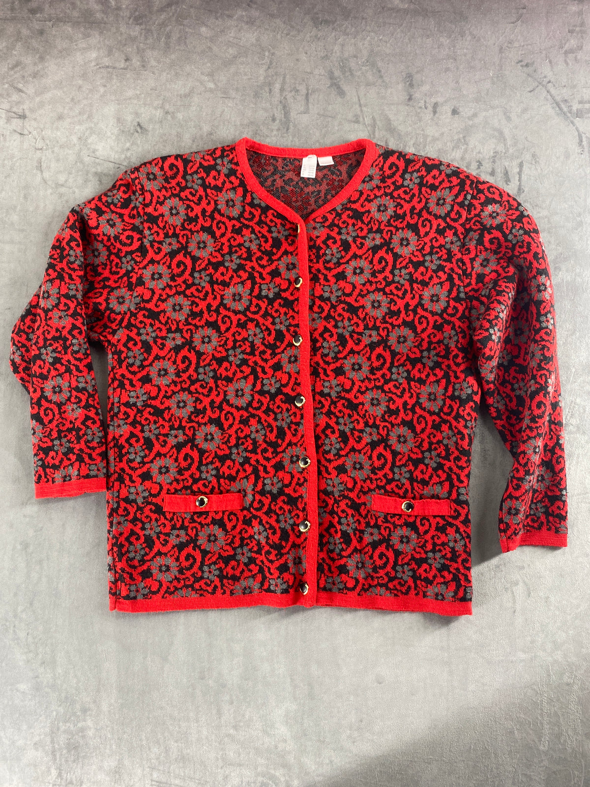 Cardigan rosso e nero fantasia damascata vintage – Donna Taglia XL (IT 48)