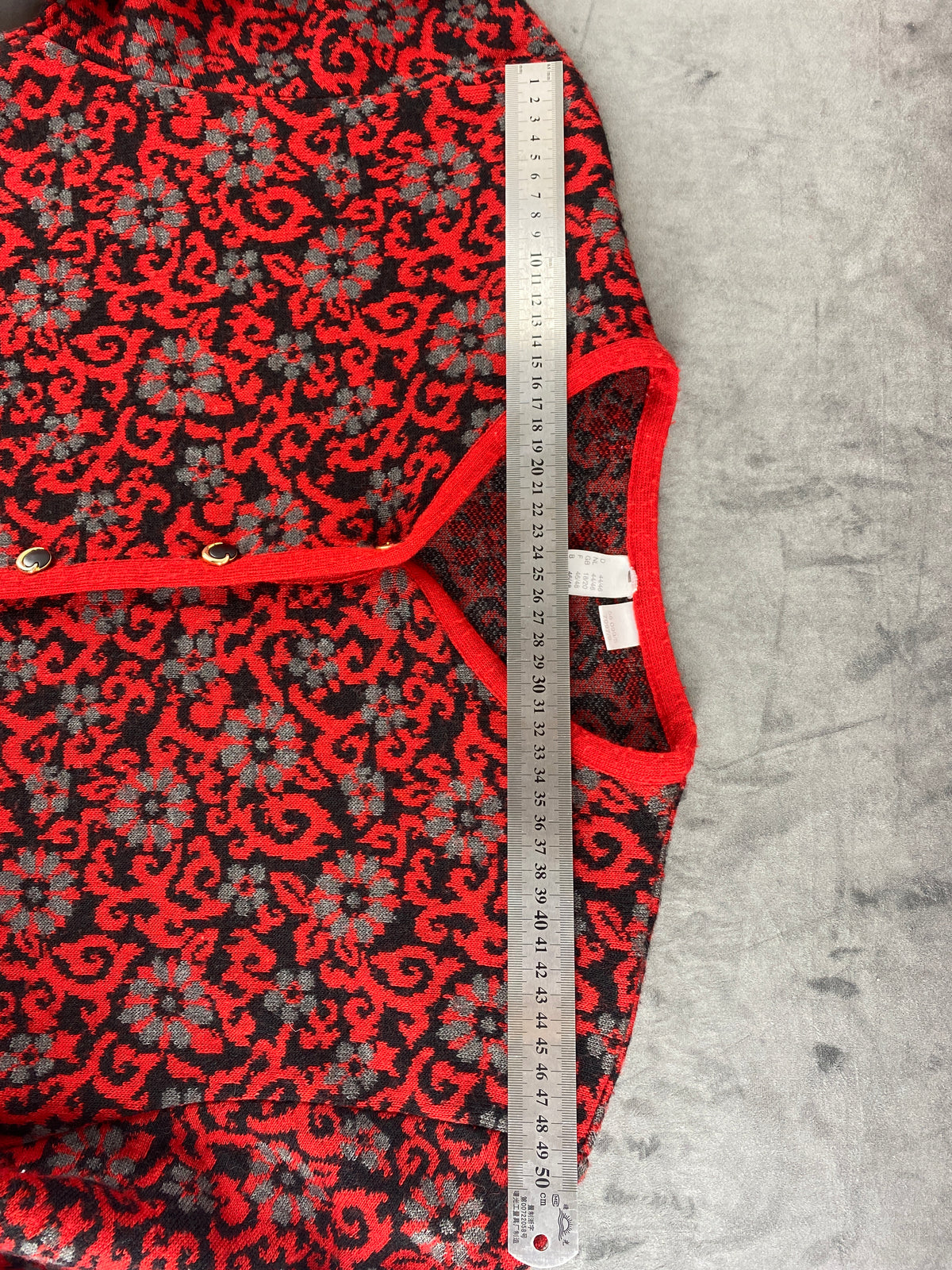 Cardigan rosso e nero fantasia damascata vintage – Donna Taglia XL (IT 48)