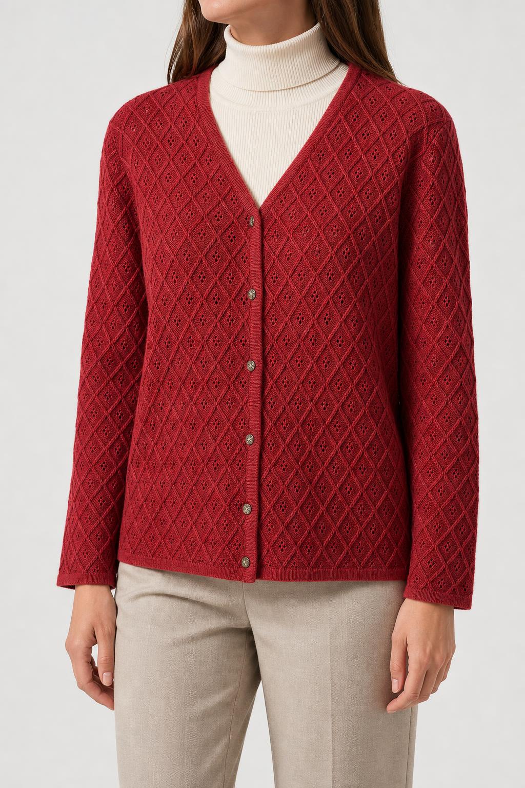 Cardigan rosso mattone traforato a rombi vintage – Donna Taglia XXL (IT 50)