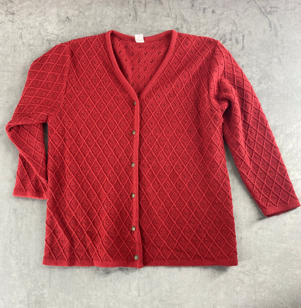 Cardigan rosso mattone traforato a rombi vintage – Donna Taglia XXL (IT 50)