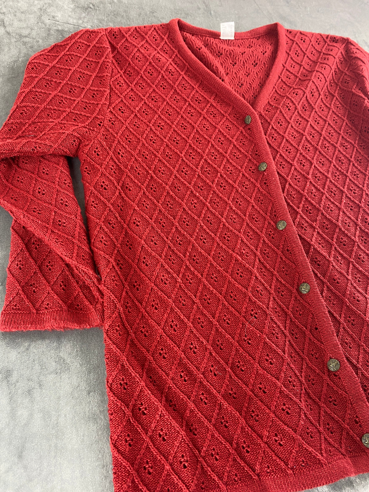 Cardigan rosso mattone traforato a rombi vintage – Donna Taglia XXL (IT 50)