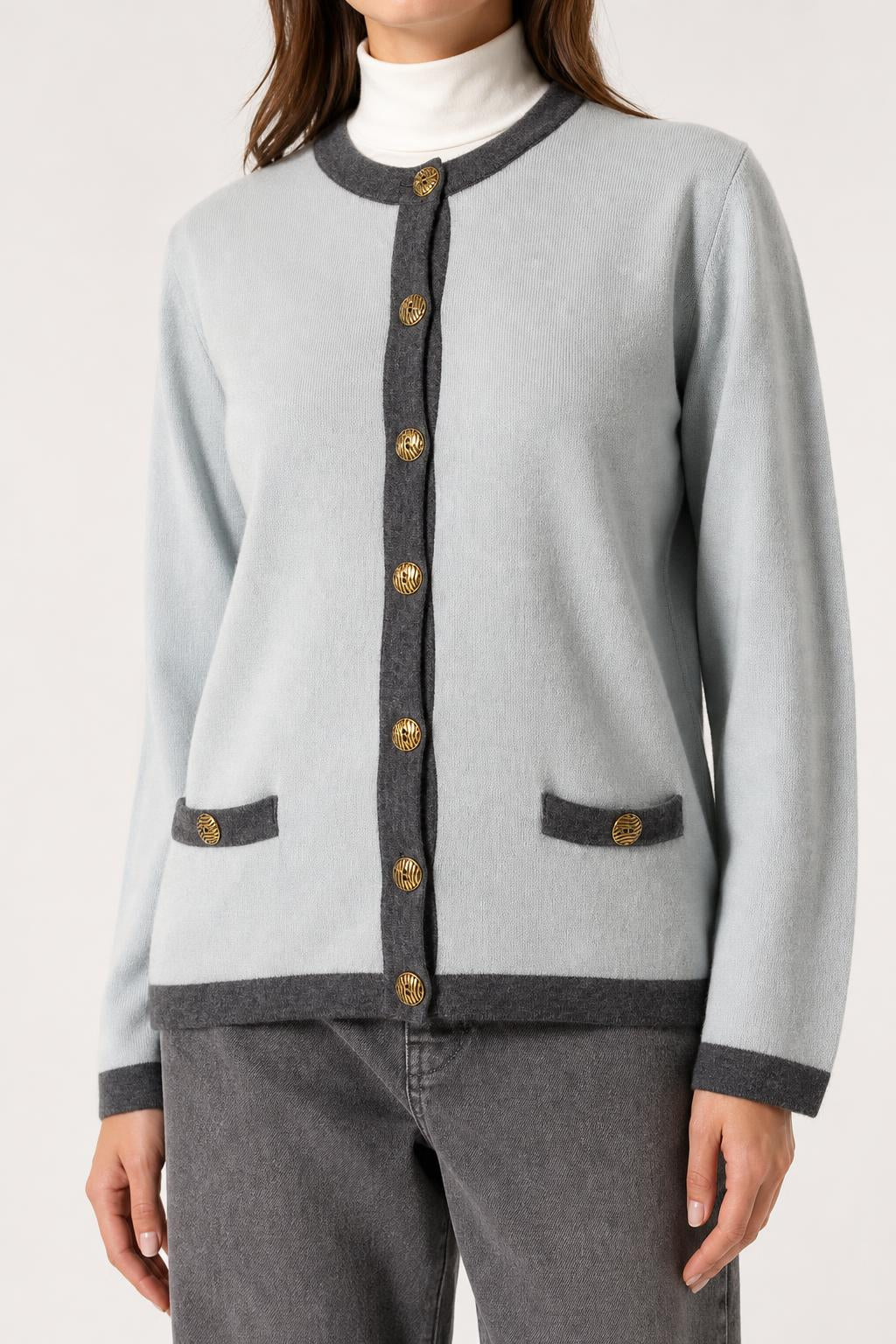 Cardigan celeste con bordi grigi e bottoni dorati Grido vintage – Donna Taglia L (IT 44)