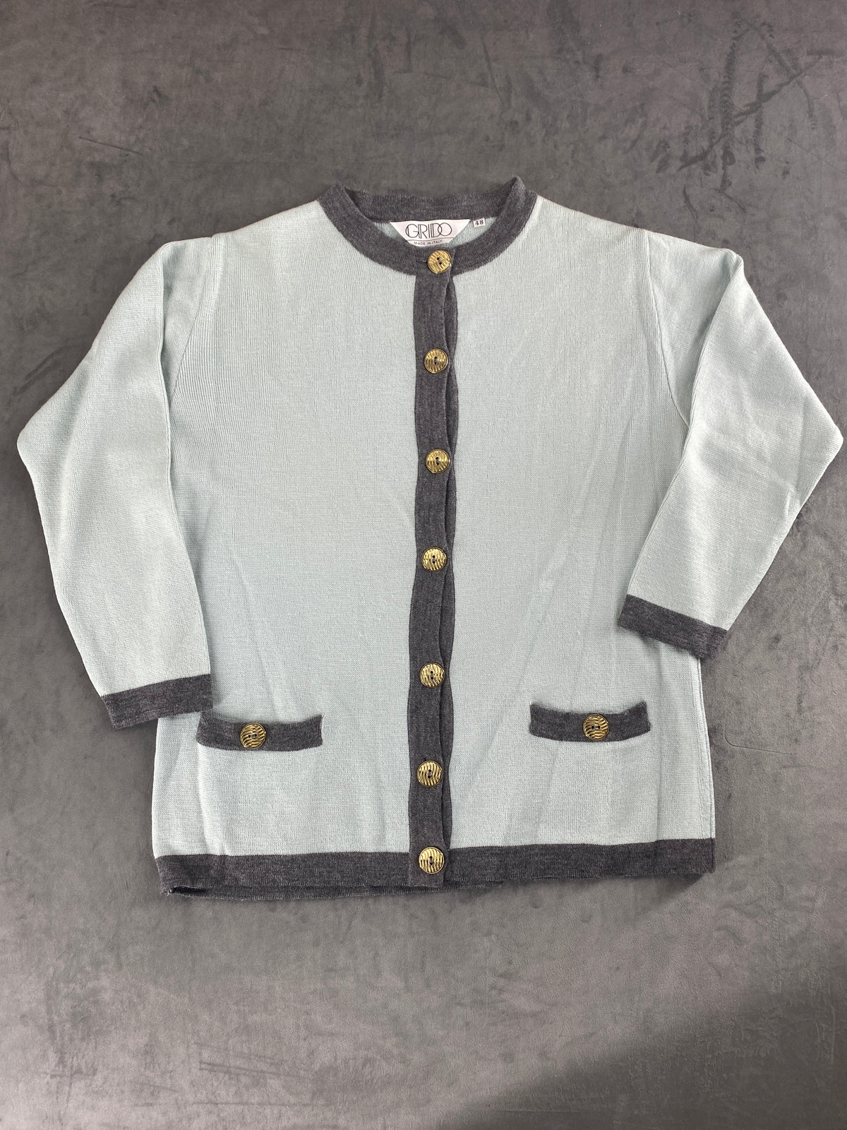 Cardigan celeste con bordi grigi e bottoni dorati Grido vintage – Donna Taglia L (IT 44)