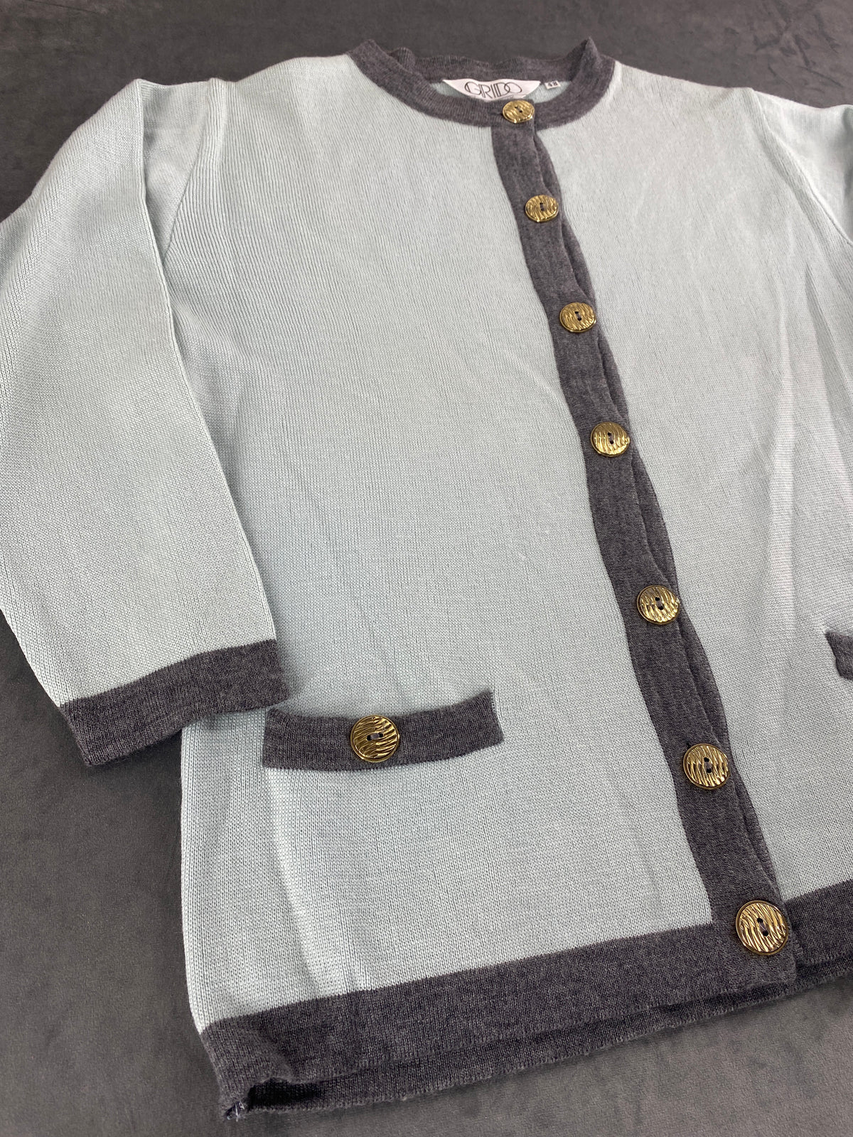 Cardigan celeste con bordi grigi e bottoni dorati Grido vintage – Donna Taglia L (IT 44)