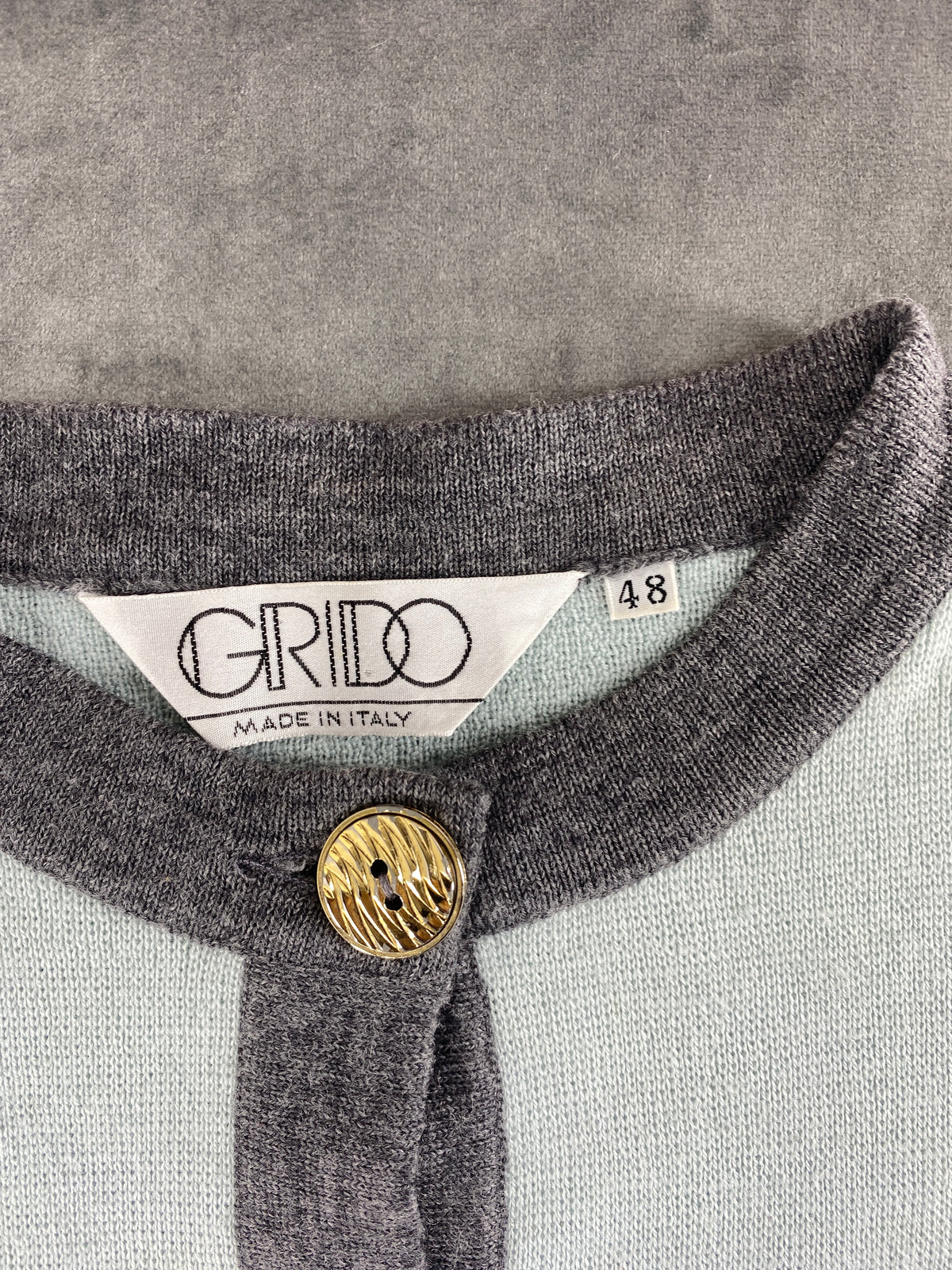 Cardigan celeste con bordi grigi e bottoni dorati Grido vintage – Donna Taglia L (IT 44)