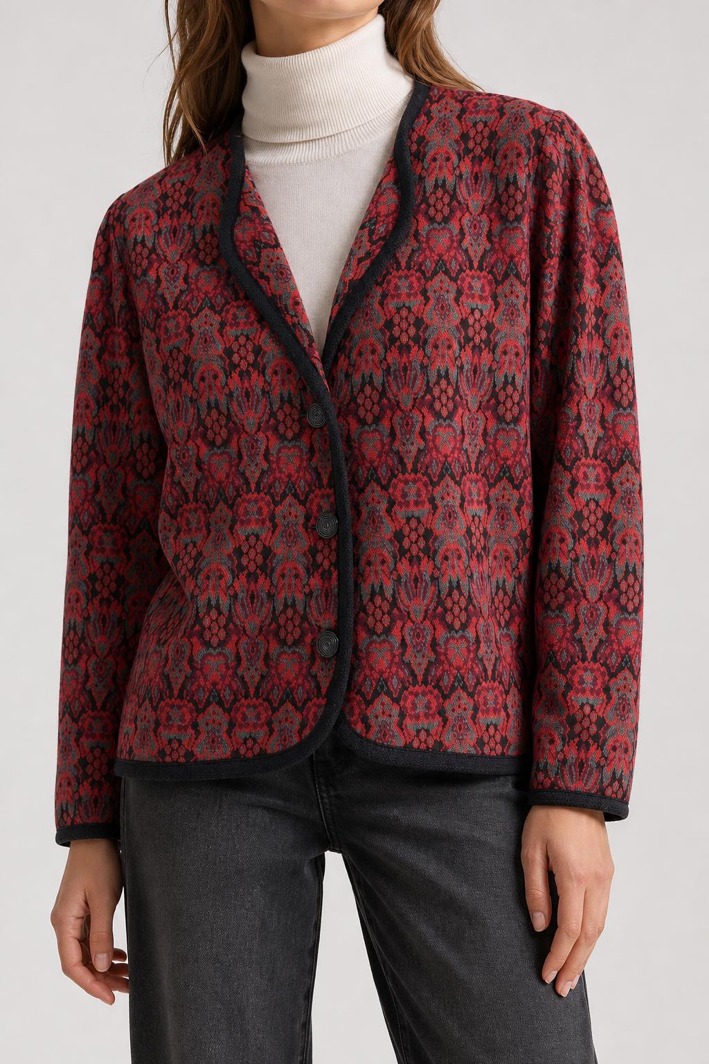 Giacca in maglia jacquard rossa e nera vintage – Donna Taglia XL (IT 46)
