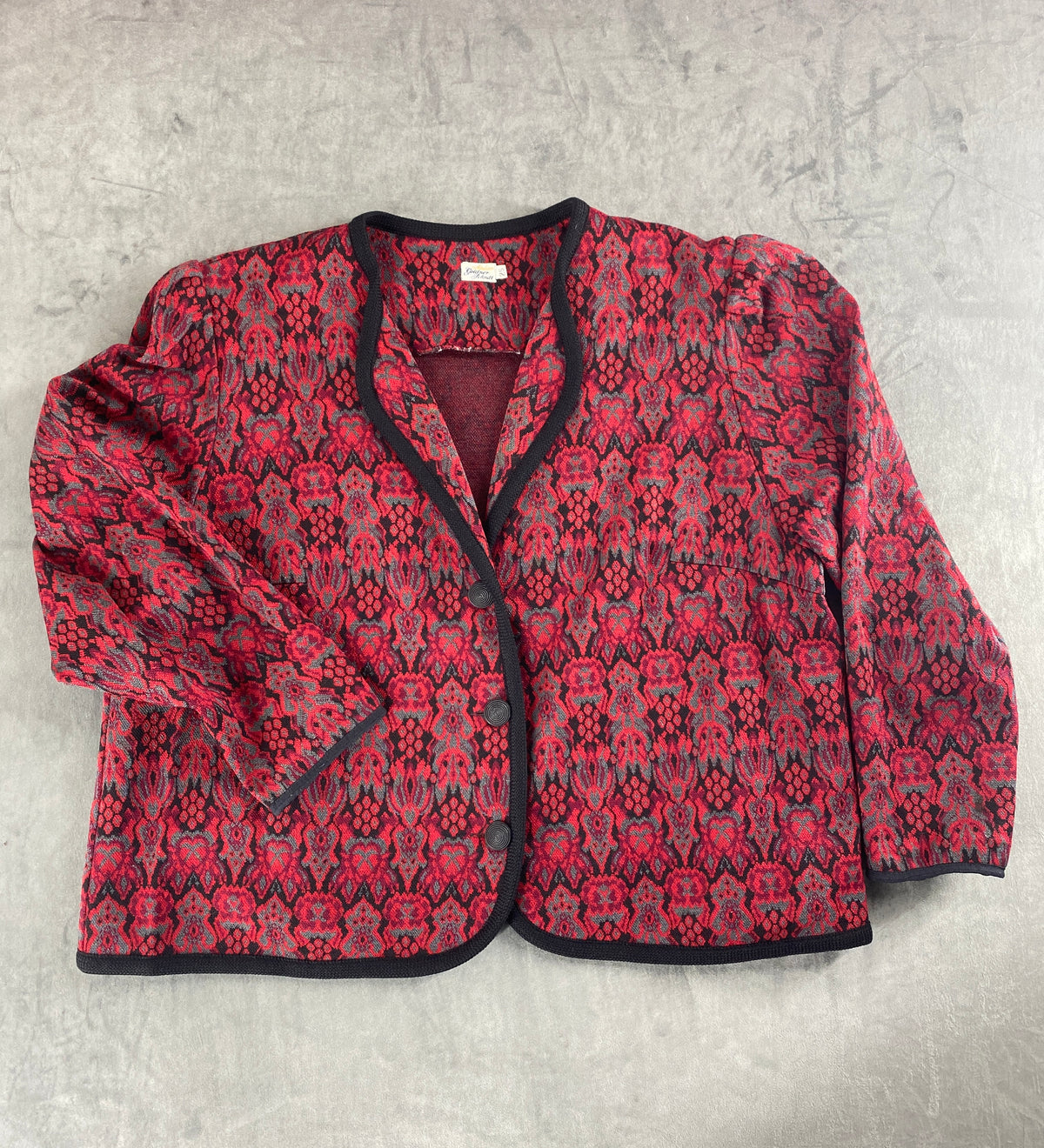 Giacca in maglia jacquard rossa e nera vintage – Donna Taglia XL (IT 46)