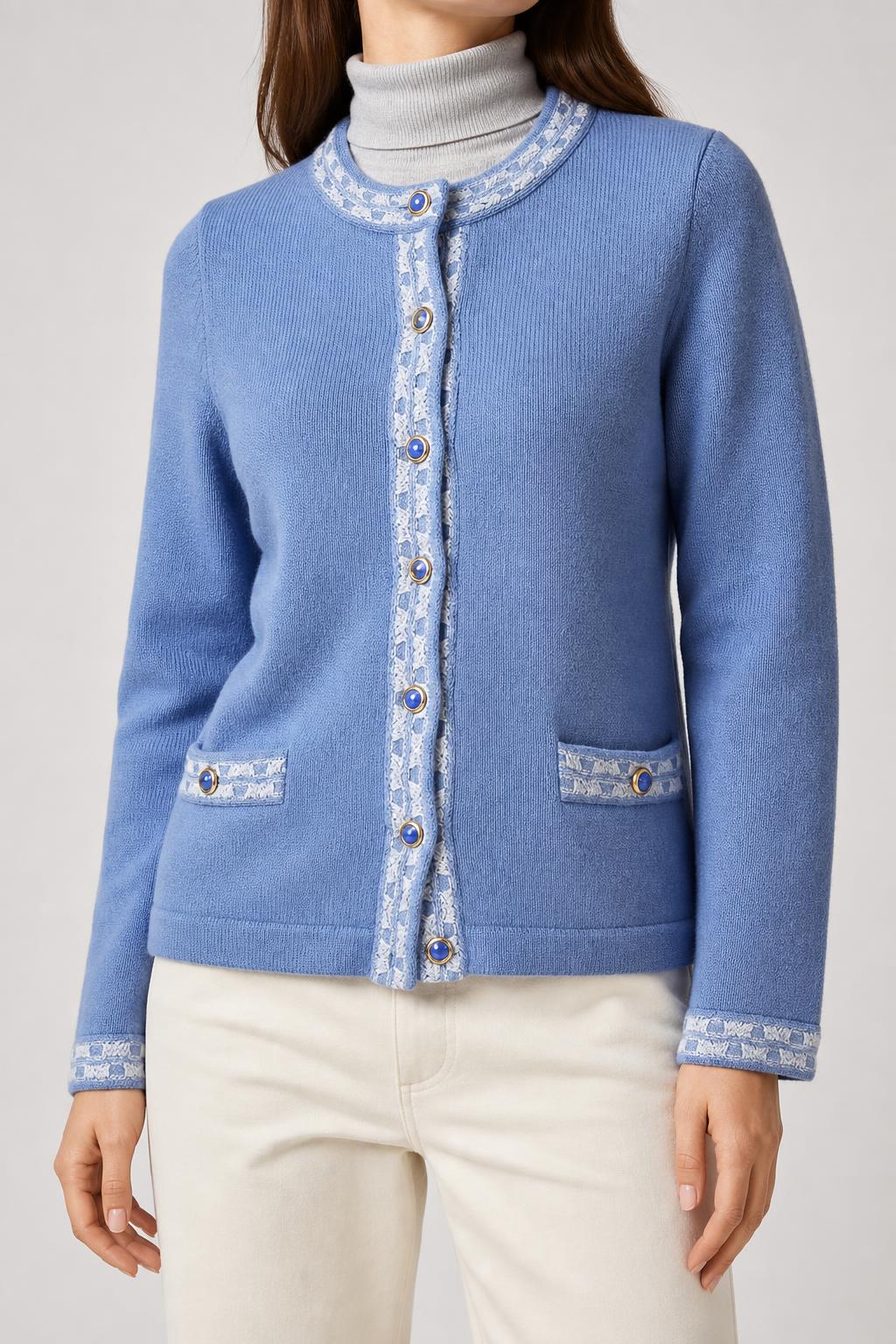Cardigan azzurro con profili jacquard e bottoni gioiello vintage – Donna Taglia L (IT 44)