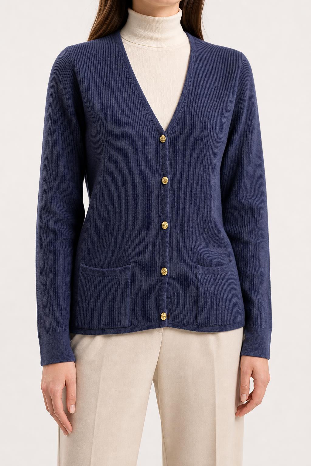 Cardigan blu a coste con tasche Simoni vintage – Donna Taglia L (IT 44)