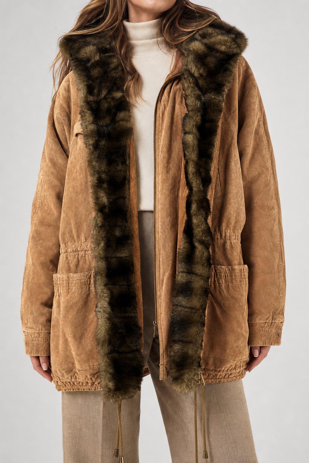 Parka in camoscio cammello con eco-pelliccia vintage – Donna Taglia L (IT 44)
